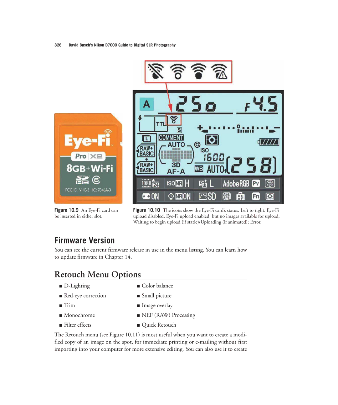 Nikon D7000 manual Firmware Version, Retouch Menu Options 