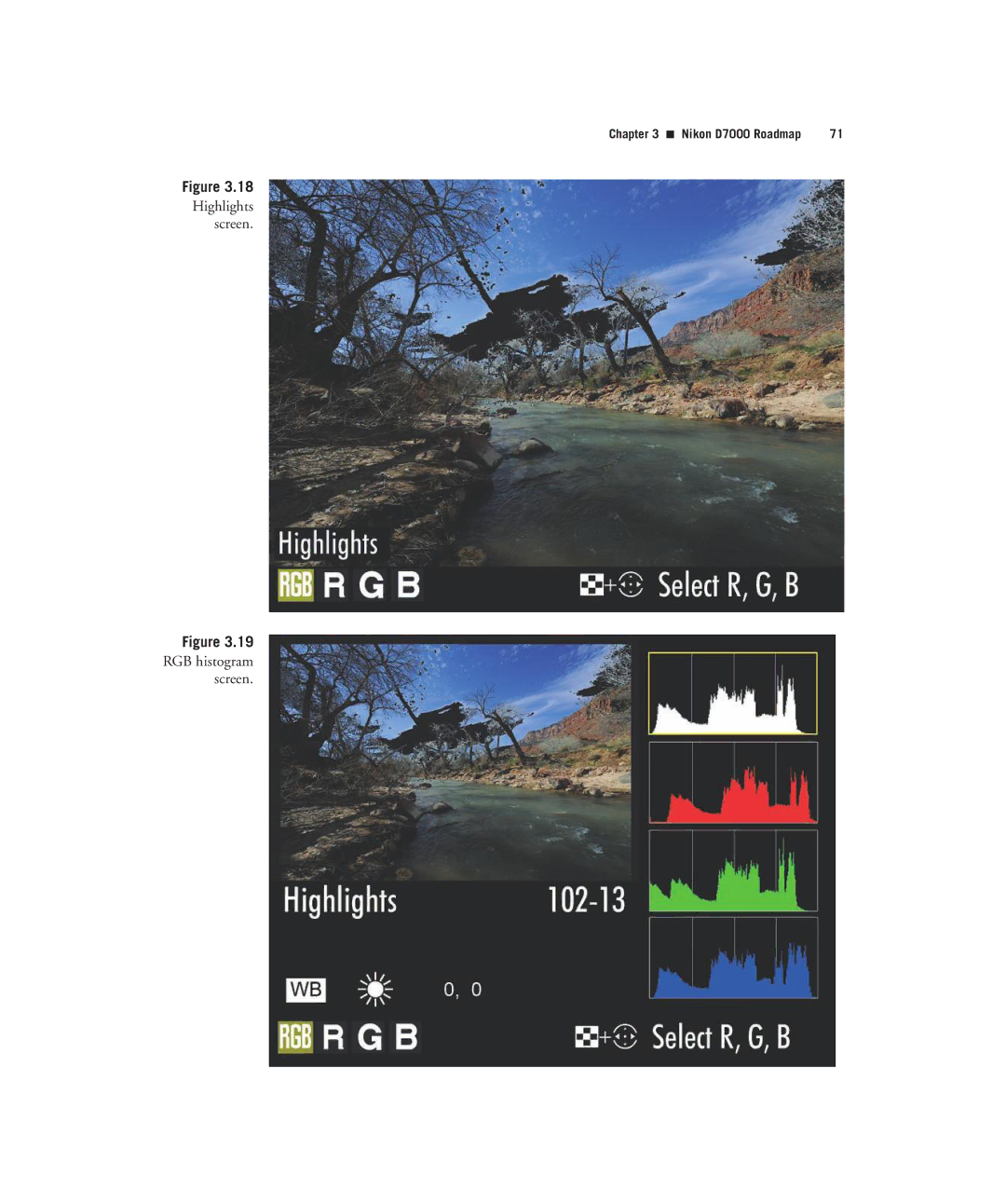 Nikon D7000 manual Highlights screen RGB histogram screen 