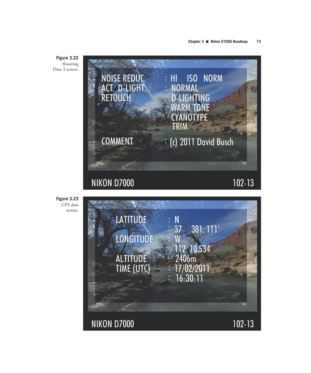 Nikon D7000 manual Shooting Data 3 screen GPS data screen 