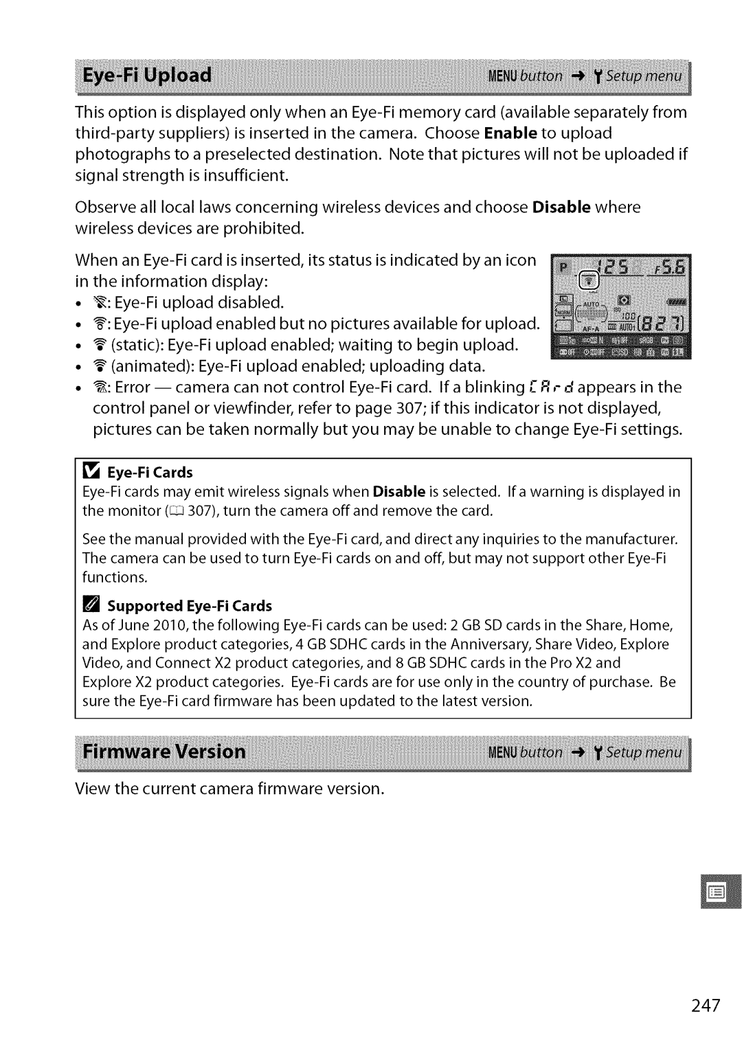 Nikon D7000 user manual 247, View the current camera firmware version, Supported Eye-Fi Cards 