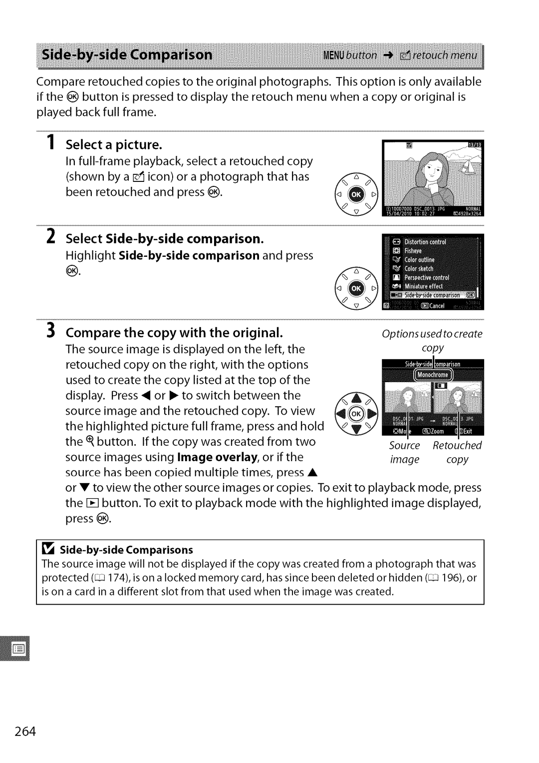 Nikon D7000 user manual Compare Copy With Original, Source image Is displayed Left, Source images using Image overlay, 264 