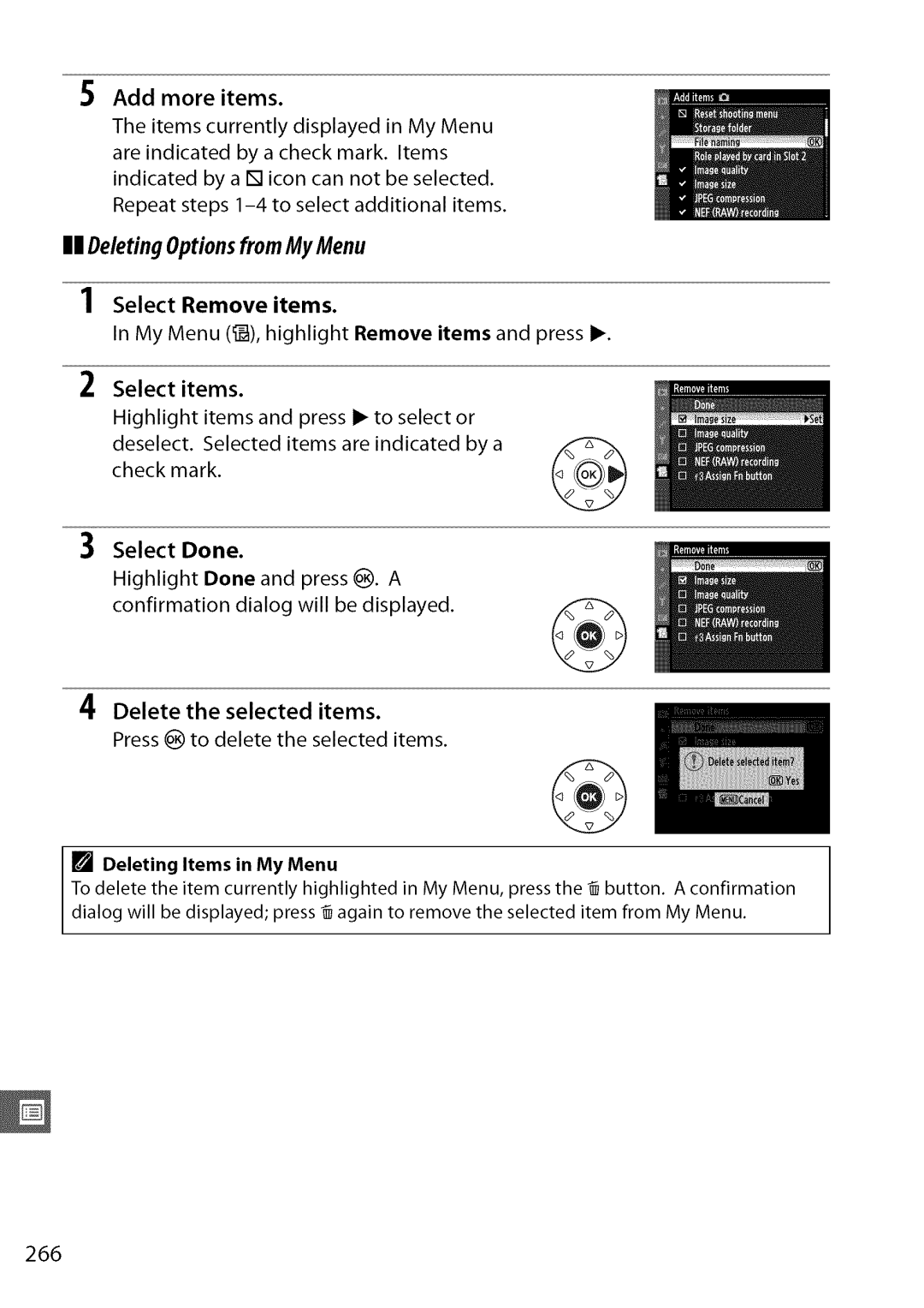 Nikon D7000 user manual 266, Select Remove items, Deleting Items in My Menu 