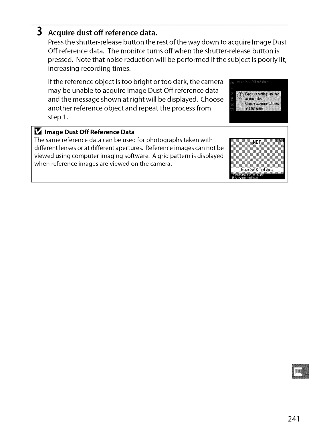 Nikon D7000 user manual 241, Image Dust Off Reference Data 