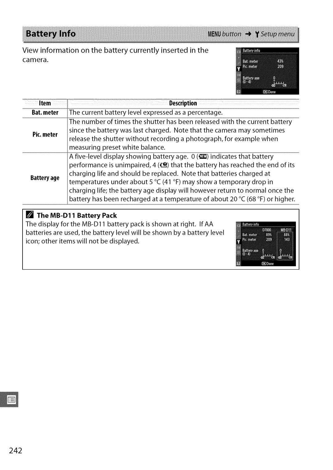 Nikon D7000 user manual Bat. meter Pic.meter Battery age Description, MB-D11 Battery Pack 