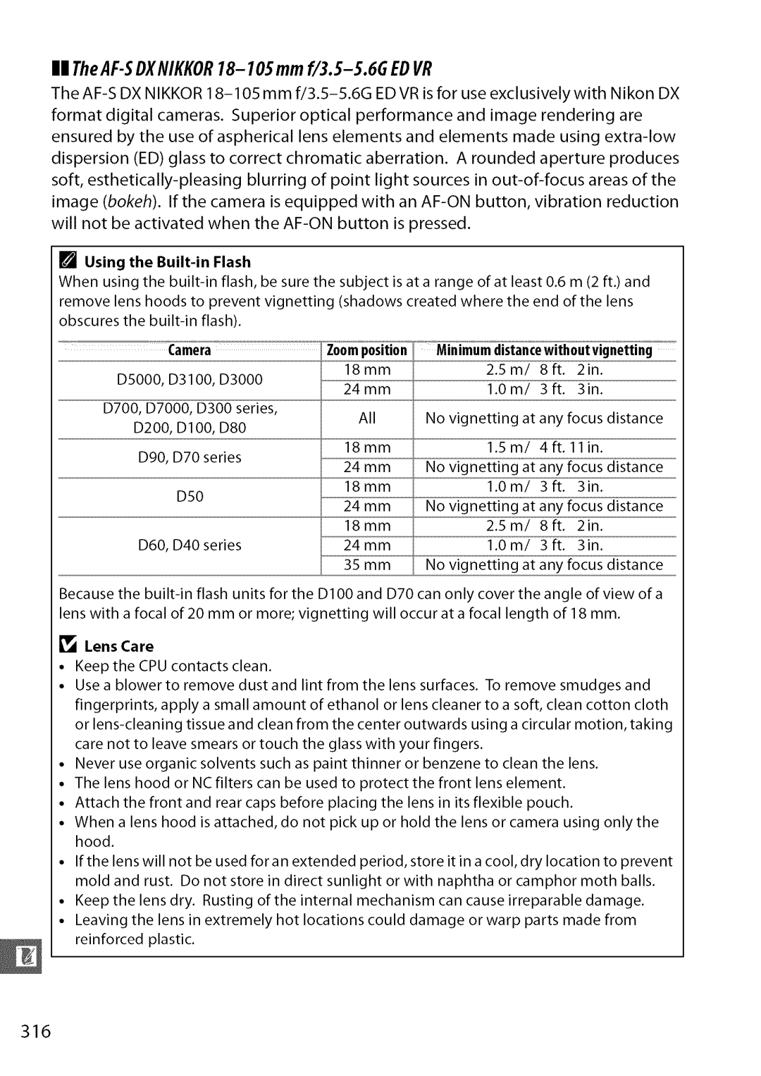 Nikon D7000 user manual 316, Using the Built-in Flash, Lens Care 