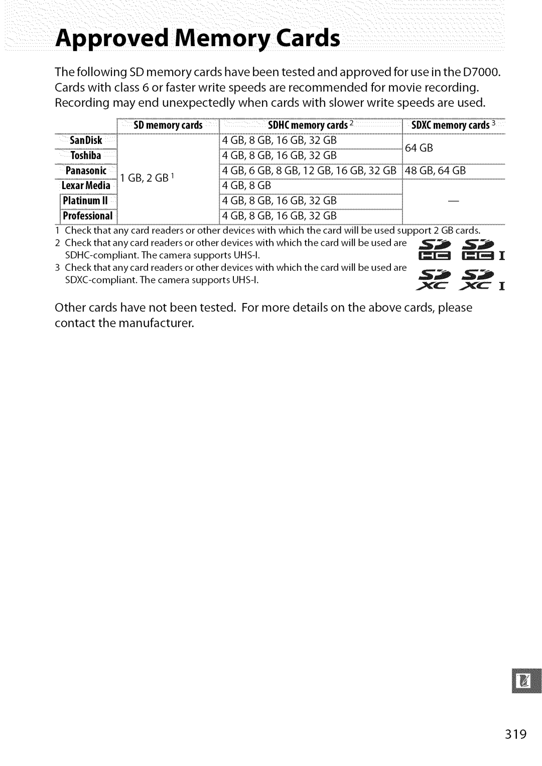 Nikon D7000 user manual 319, SanDisk 