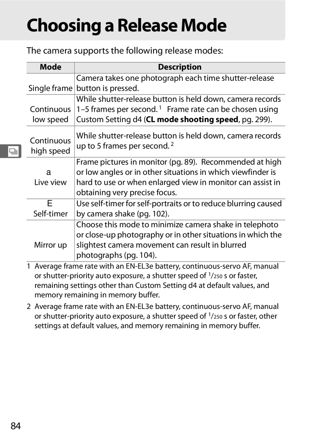 Nikon D7000BODY, D700OUTFIT, D700BODY Choosing a Release Mode, Camera supports the following release modes, ModeDescription 