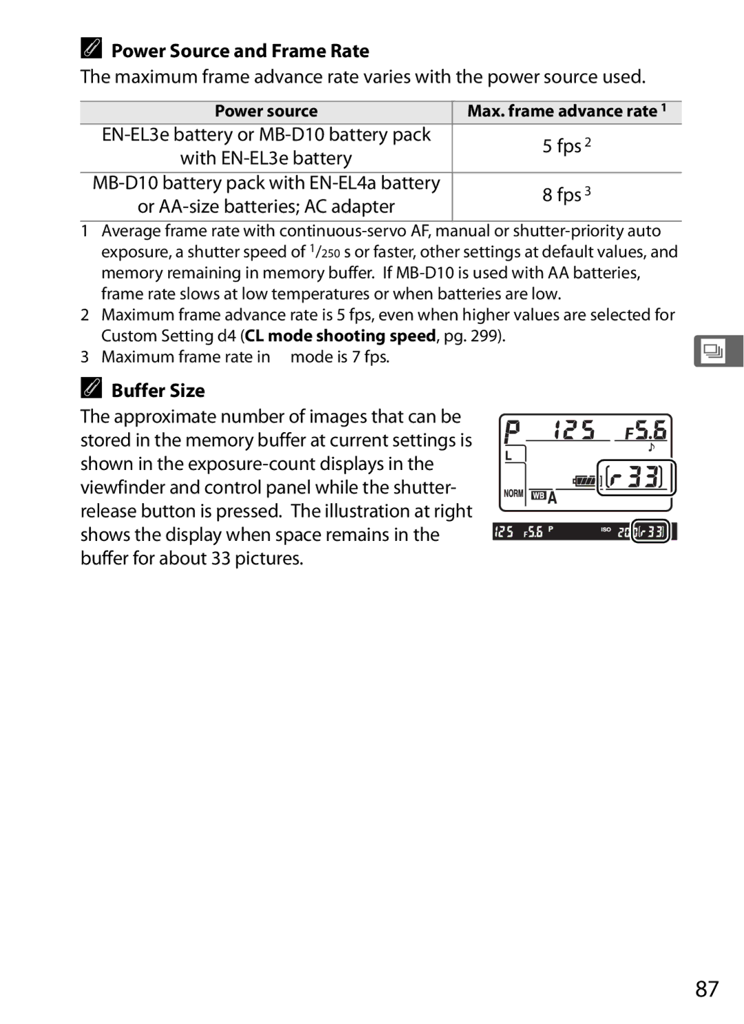 Nikon D700BODY, D700OUTFIT, D7000BODY, D7000KIT user manual Power Source and Frame Rate, Buffer Size 