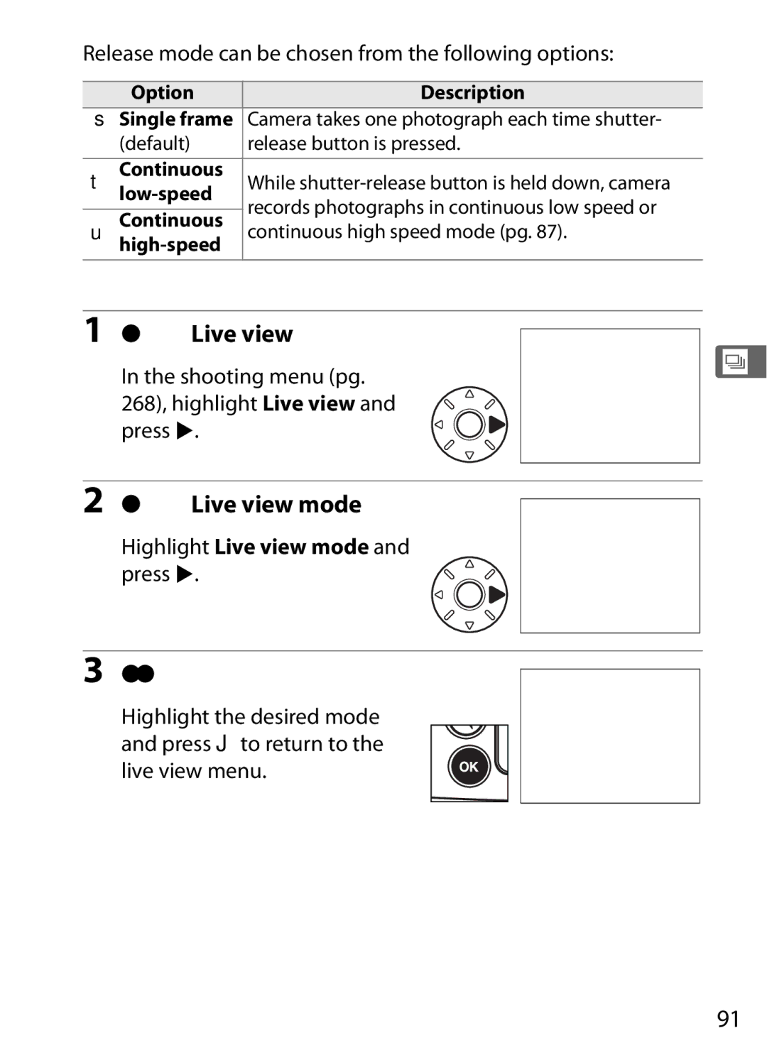 Nikon D700BODY Select Live view mode, Select a live view mode, Release mode can be chosen from the following options 