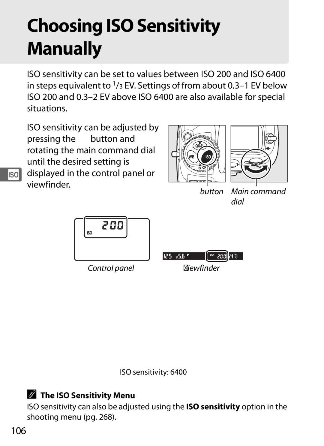 Nikon D700OUTFIT Choosing ISO Sensitivity Manually, 106, ISO button Main command Dial Control panel, ISO Sensitivity Menu 