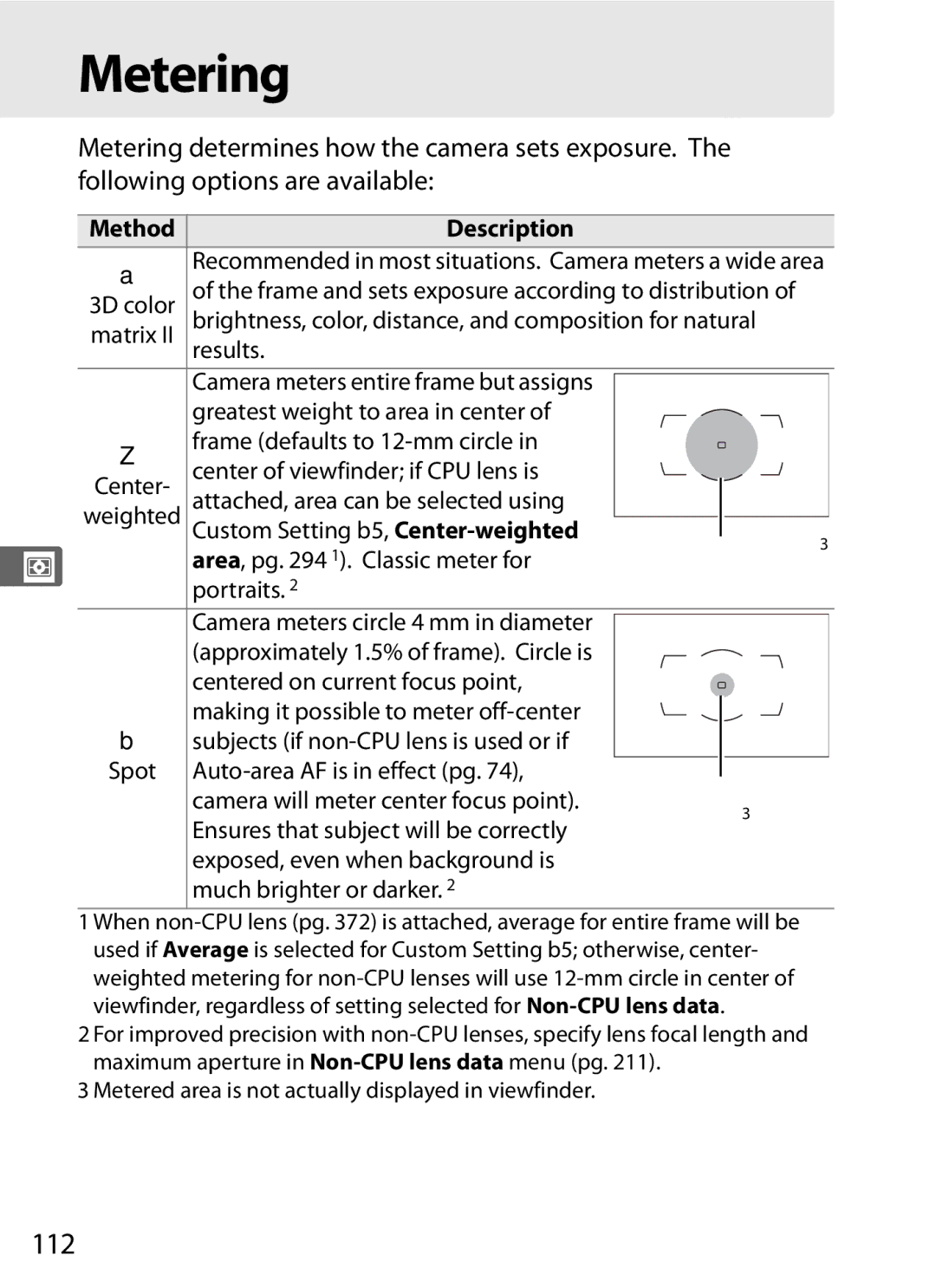 Nikon D7000BODY, D700OUTFIT, D700BODY, D7000KIT user manual Metering, 112, MethodDescription 