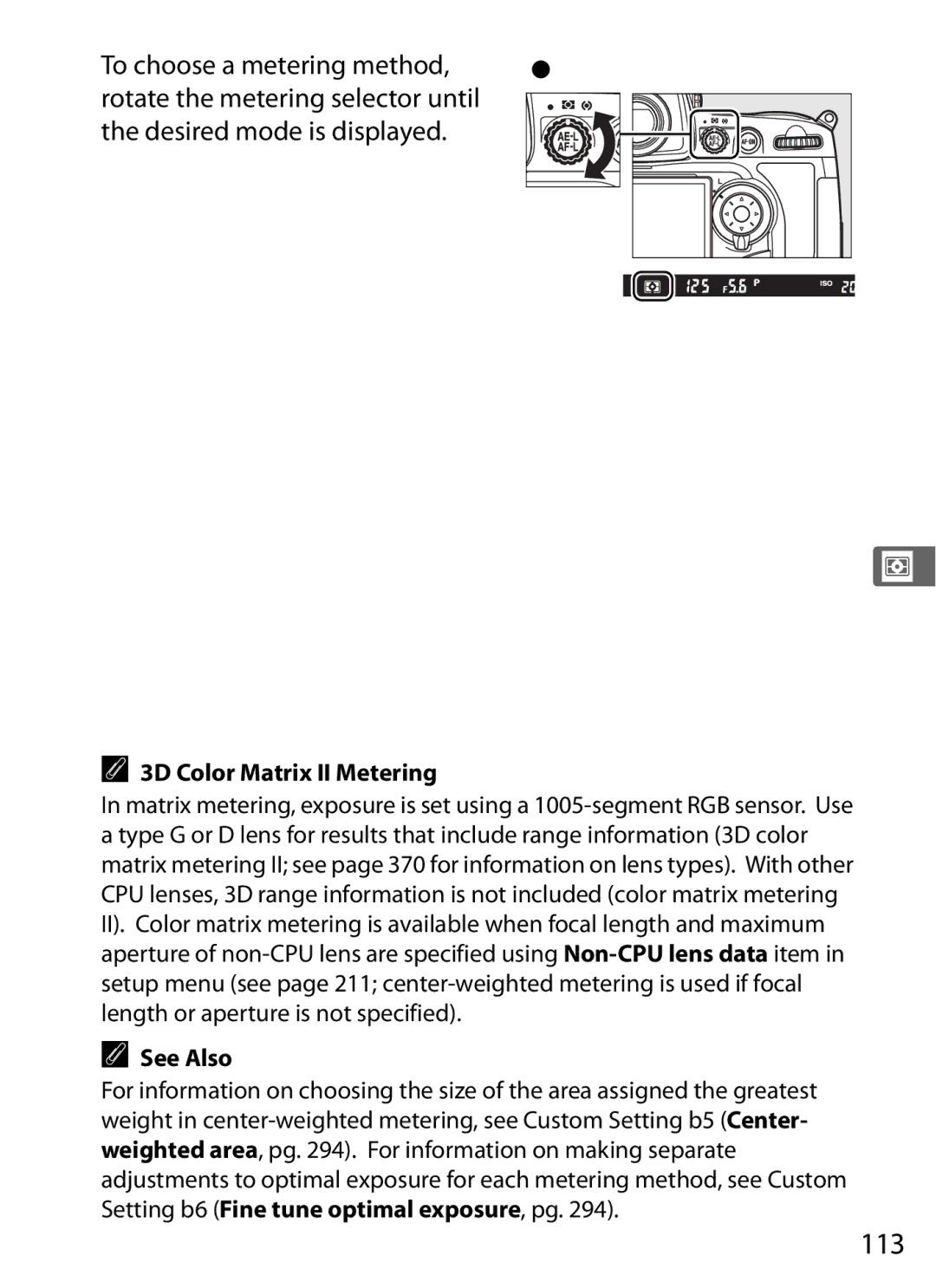 Nikon D7000KIT, D700OUTFIT, D700BODY, D7000BODY user manual 113, To choose a metering method, 3D Color Matrix II Metering 