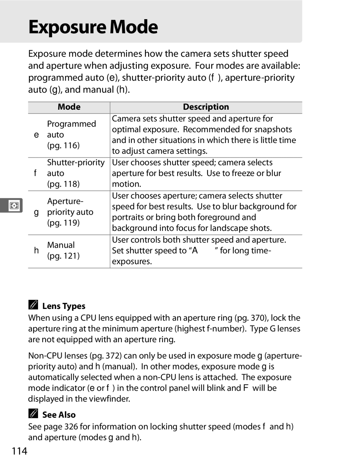 Nikon D700OUTFIT, D700BODY, D7000BODY, D7000KIT user manual Exposure Mode, 114, Lens Types 