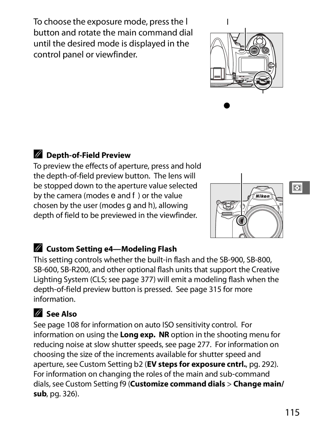 Nikon D700BODY 115, Button Main command dial Depth-of-Field Preview, Preview button Custom Setting e4-Modeling Flash 