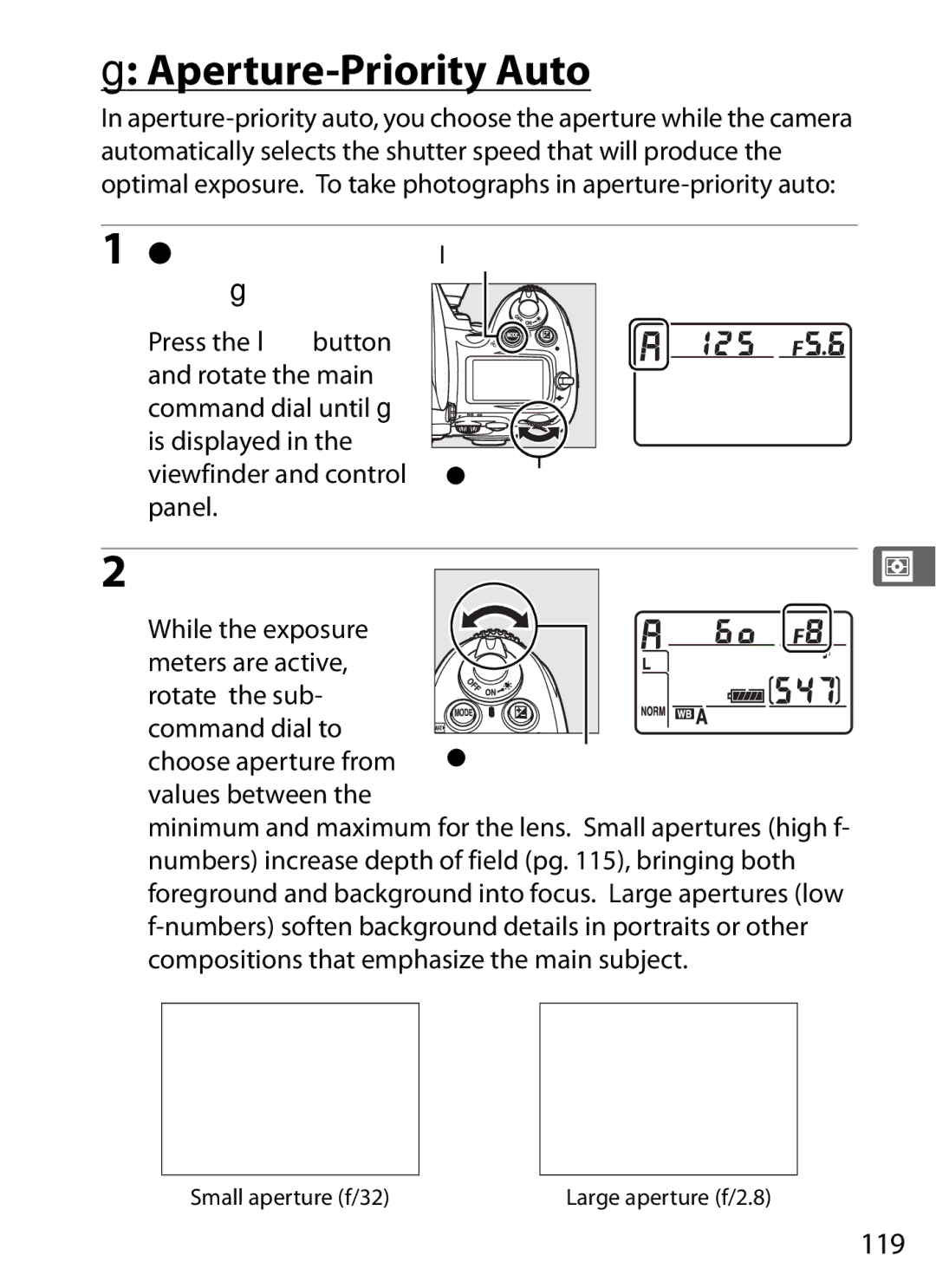 Nikon D700BODY, D700OUTFIT, D7000BODY, D7000KIT Aperture-Priority Auto, Select exposure, Mode g, Choose an aperture, 119 