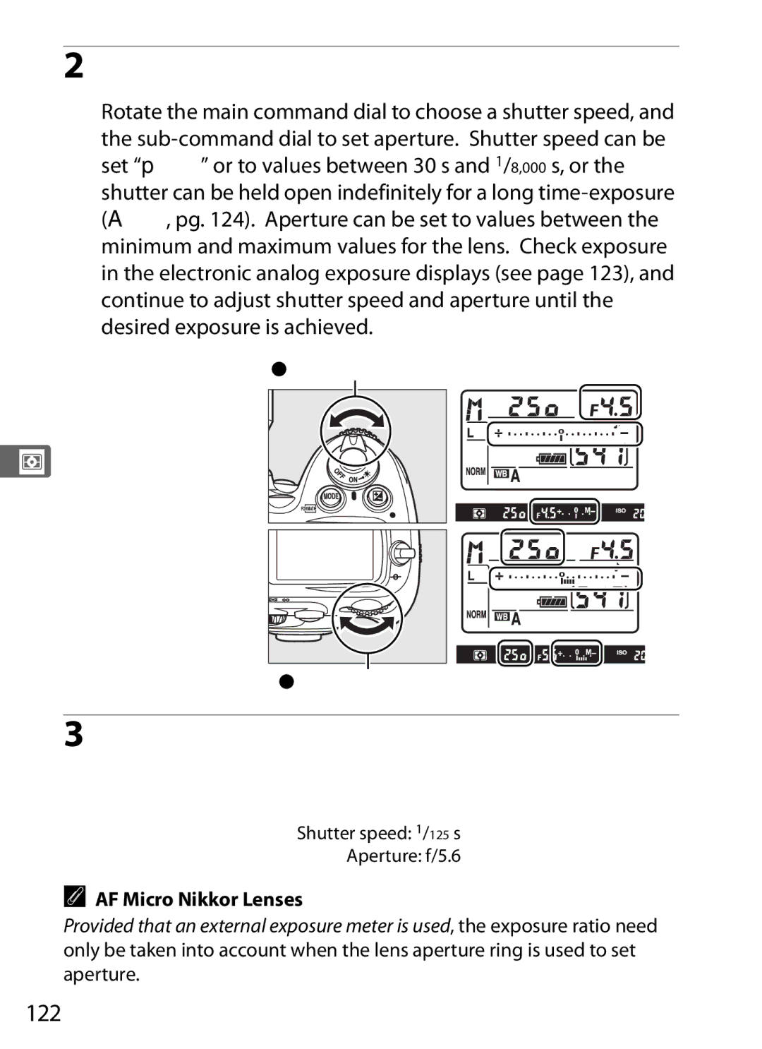 Nikon D700OUTFIT, D700BODY, D7000BODY, D7000KIT user manual Choose aperture and shutter speed, 122, AF Micro Nikkor Lenses 