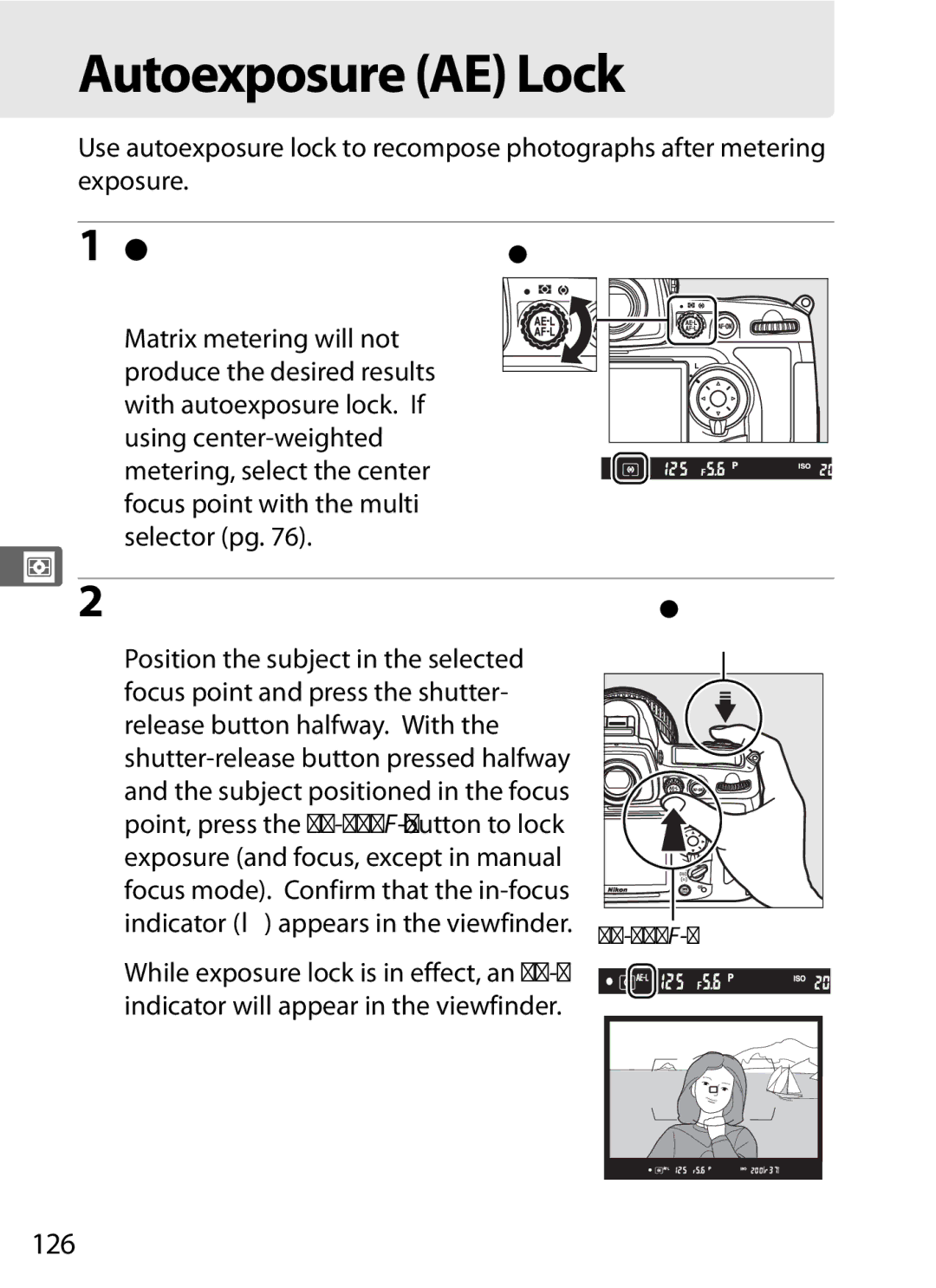 Nikon D700OUTFIT, D700BODY, D7000BODY, D7000KIT user manual Autoexposure AE Lock, Lock exposure, 126 