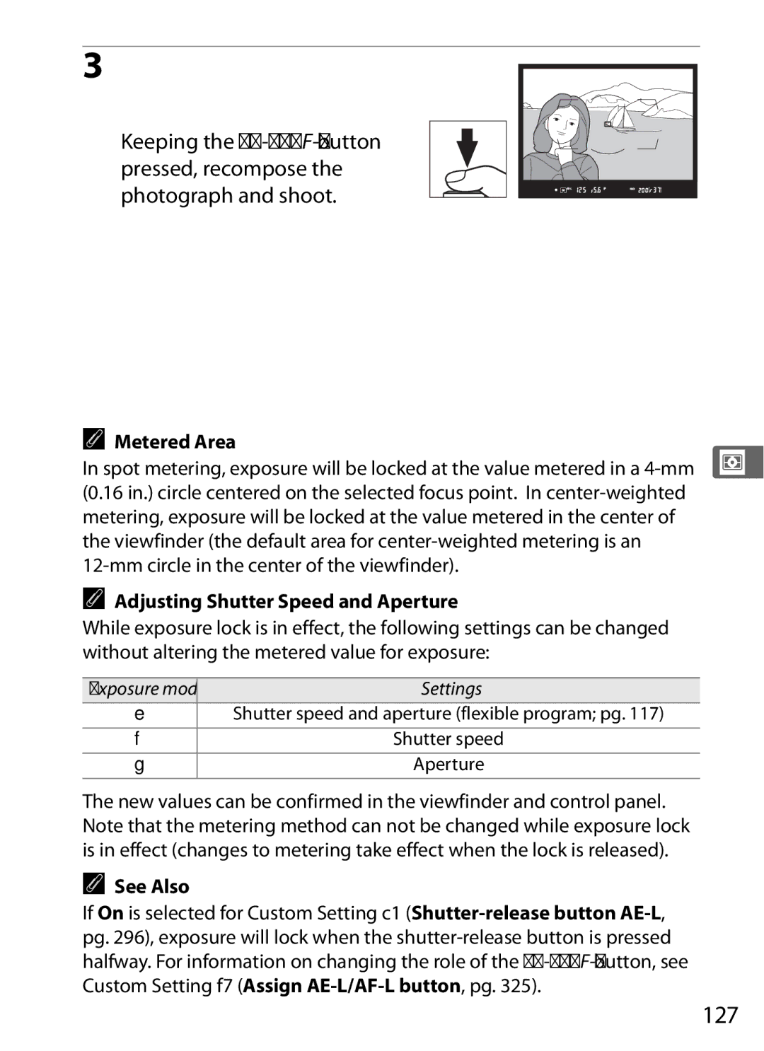 Nikon D700BODY, D700OUTFIT, D7000BODY, D7000KIT user manual 127, Metered Area, Adjusting Shutter Speed and Aperture 