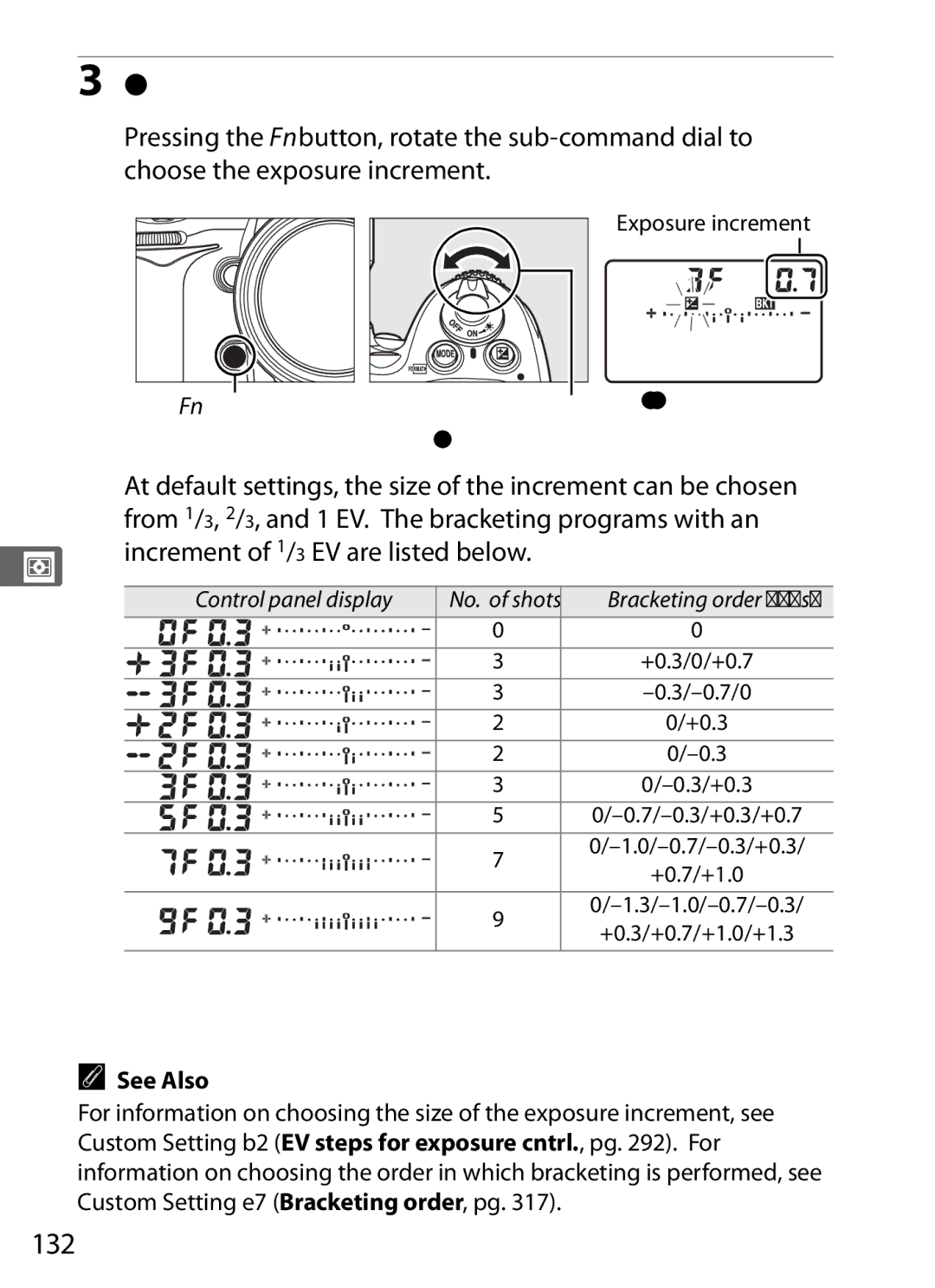 Nikon D7000BODY, D700OUTFIT Select an exposure increment, 132, From 1/3, 2/3, and 1 EV. The bracketing programs with an 