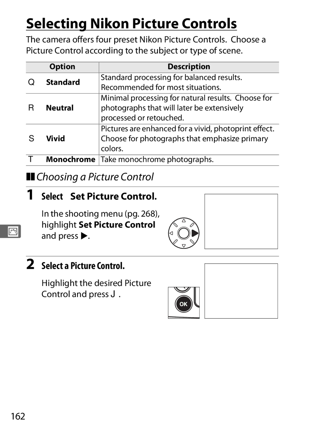 Nikon D700OUTFIT, D700BODY Selecting Nikon Picture Controls, Choosing a Picture Control, Select Set Picture Control, 162 