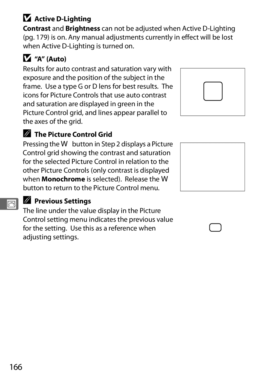 Nikon D700OUTFIT, D700BODY, D7000BODY, D7000KIT 166, Button to return to the Picture Control menu, Previous Settings 