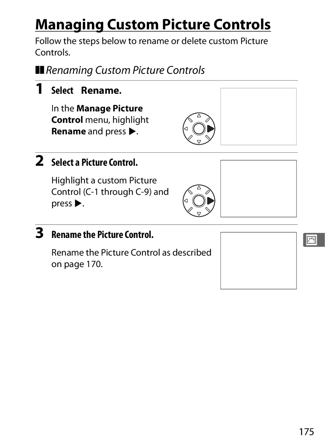 Nikon D700BODY, D700OUTFIT, D7000KIT Managing Custom Picture Controls, Renaming Custom Picture Controls, Select Rename, 175 