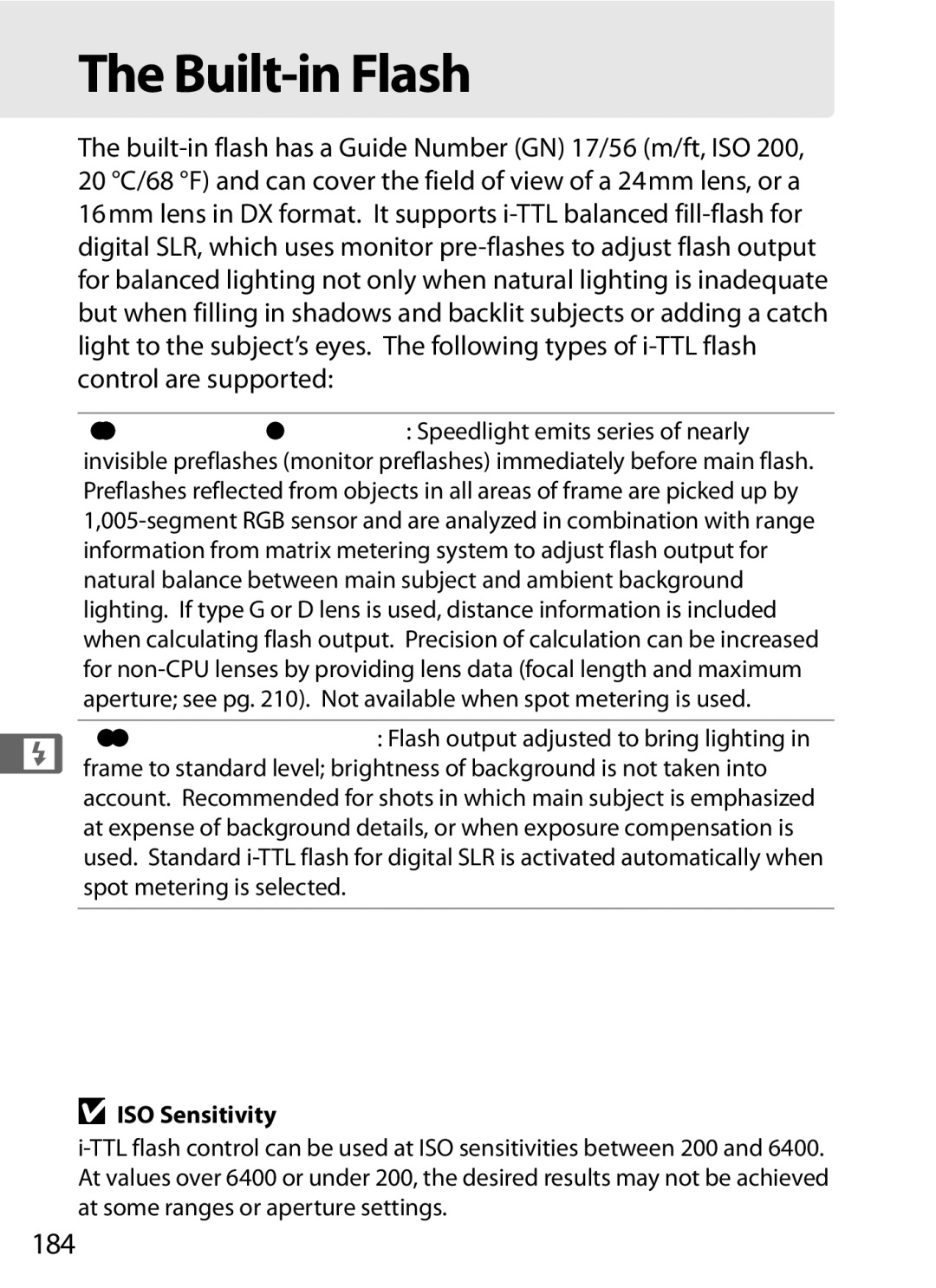 Nikon D7000BODY, D700OUTFIT, D700BODY, D7000KIT user manual Built-in Flash, 184, ISO Sensitivity 