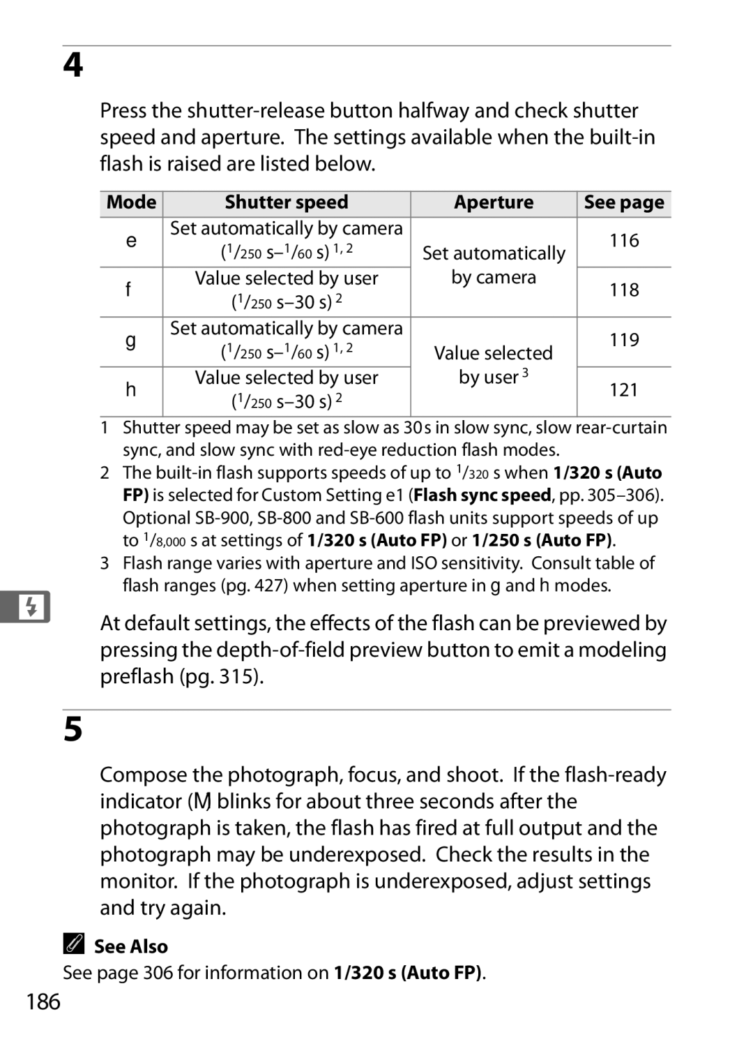 Nikon D700OUTFIT, D700BODY, D7000BODY, D7000KIT user manual Check exposure shutter speed and aperture, 186, By camera, By user 