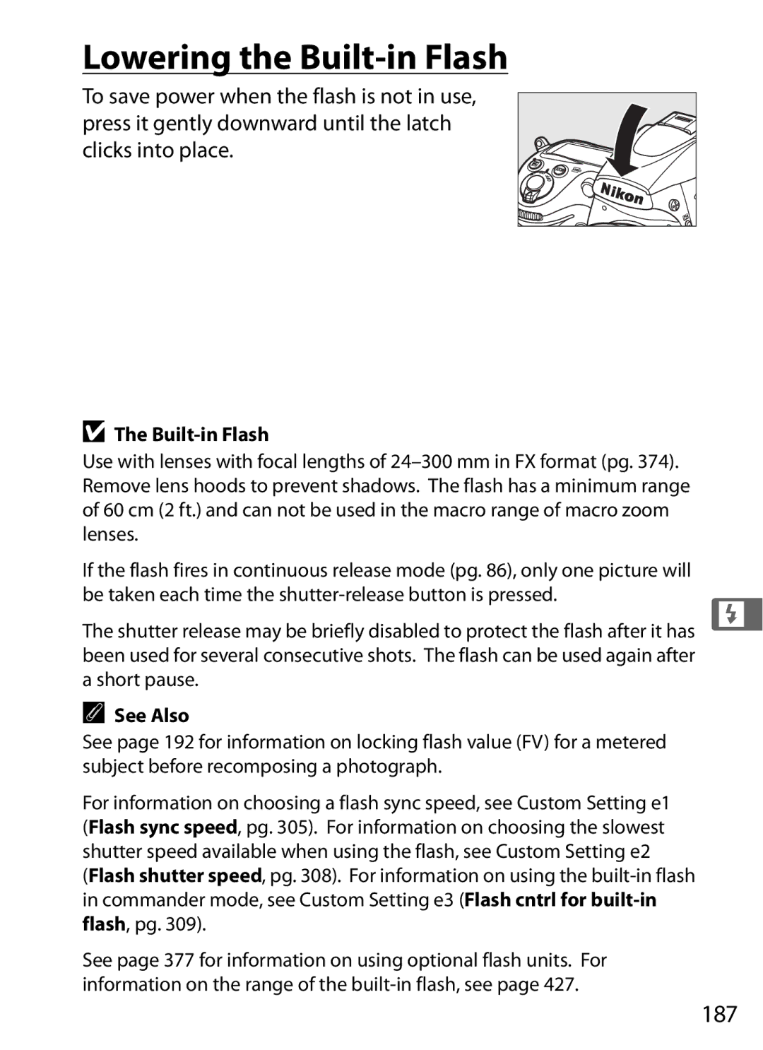 Nikon D700BODY, D700OUTFIT, D7000BODY, D7000KIT user manual Lowering the Built-in Flash, 187 