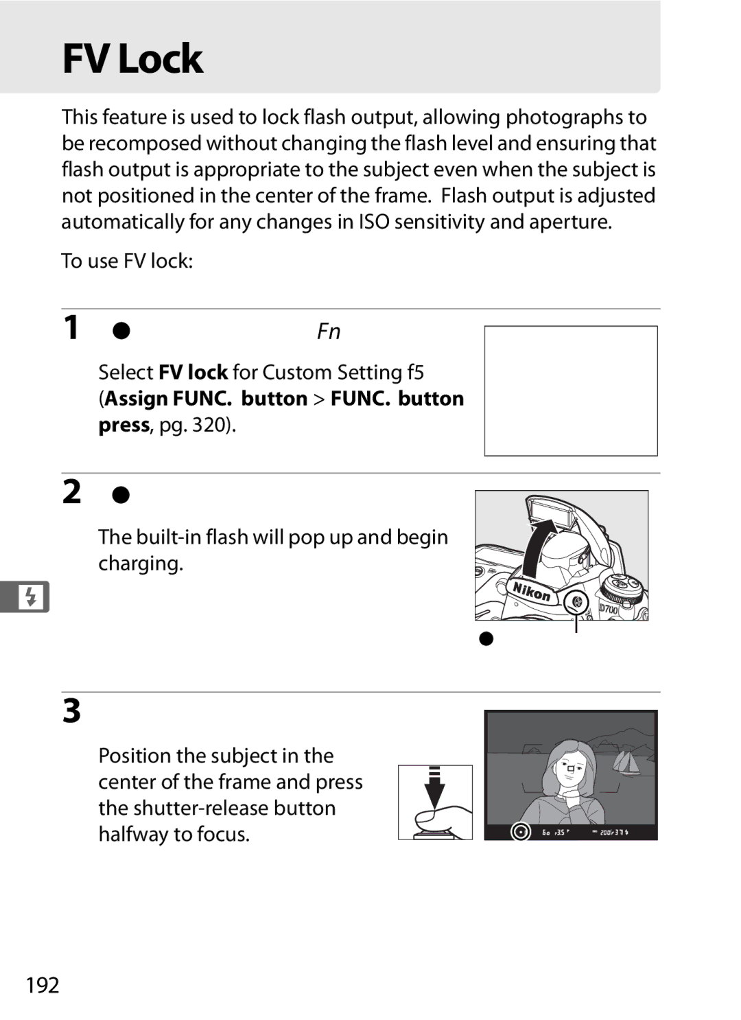 Nikon D7000BODY, D700OUTFIT, D700BODY, D7000KIT user manual FV Lock, Assign FV lock to the Fn button, 192 