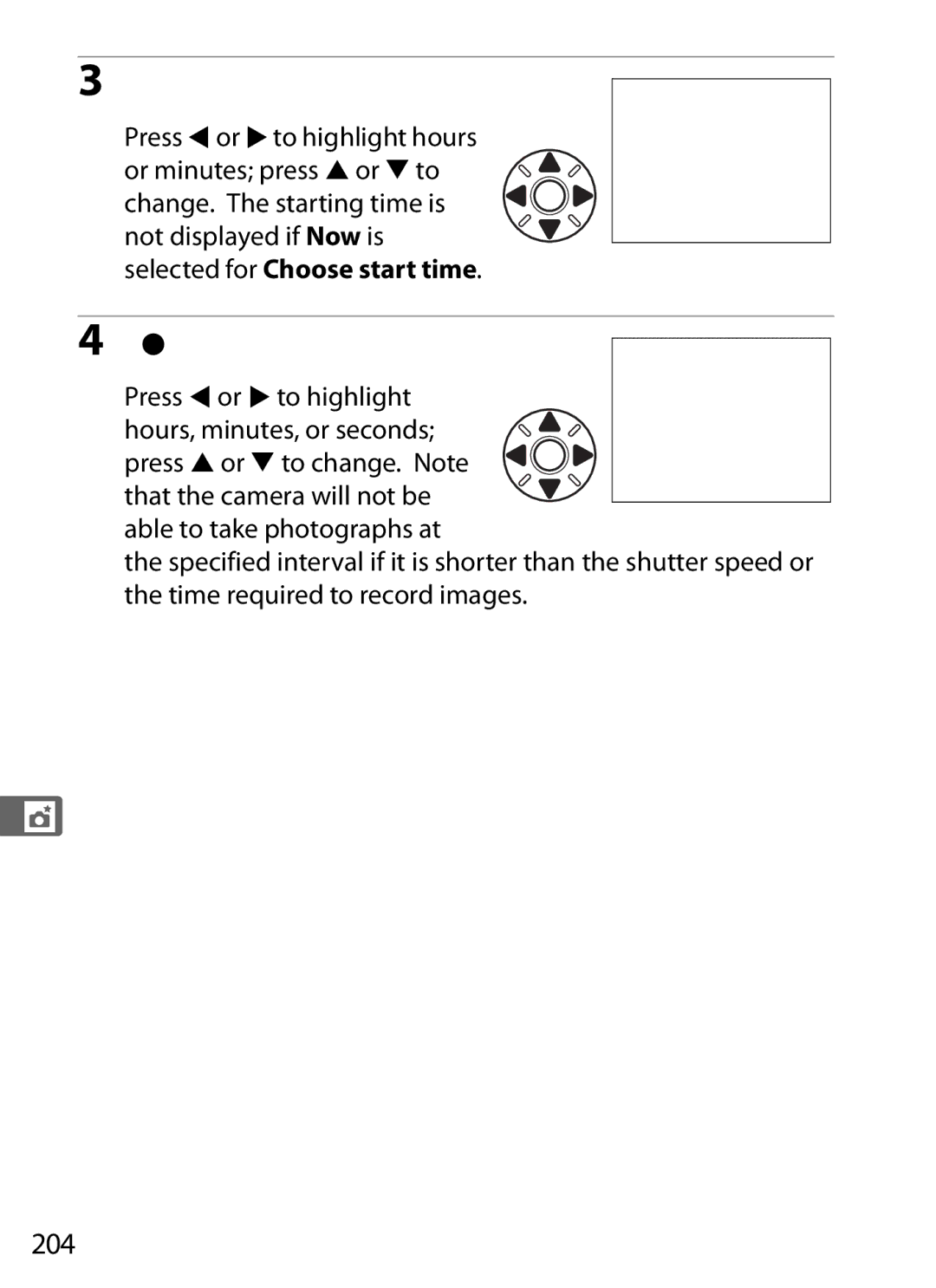 Nikon D7000BODY Choose a start time, Choose an interval, 204, Not displayed if Now is selected for Choose start time 