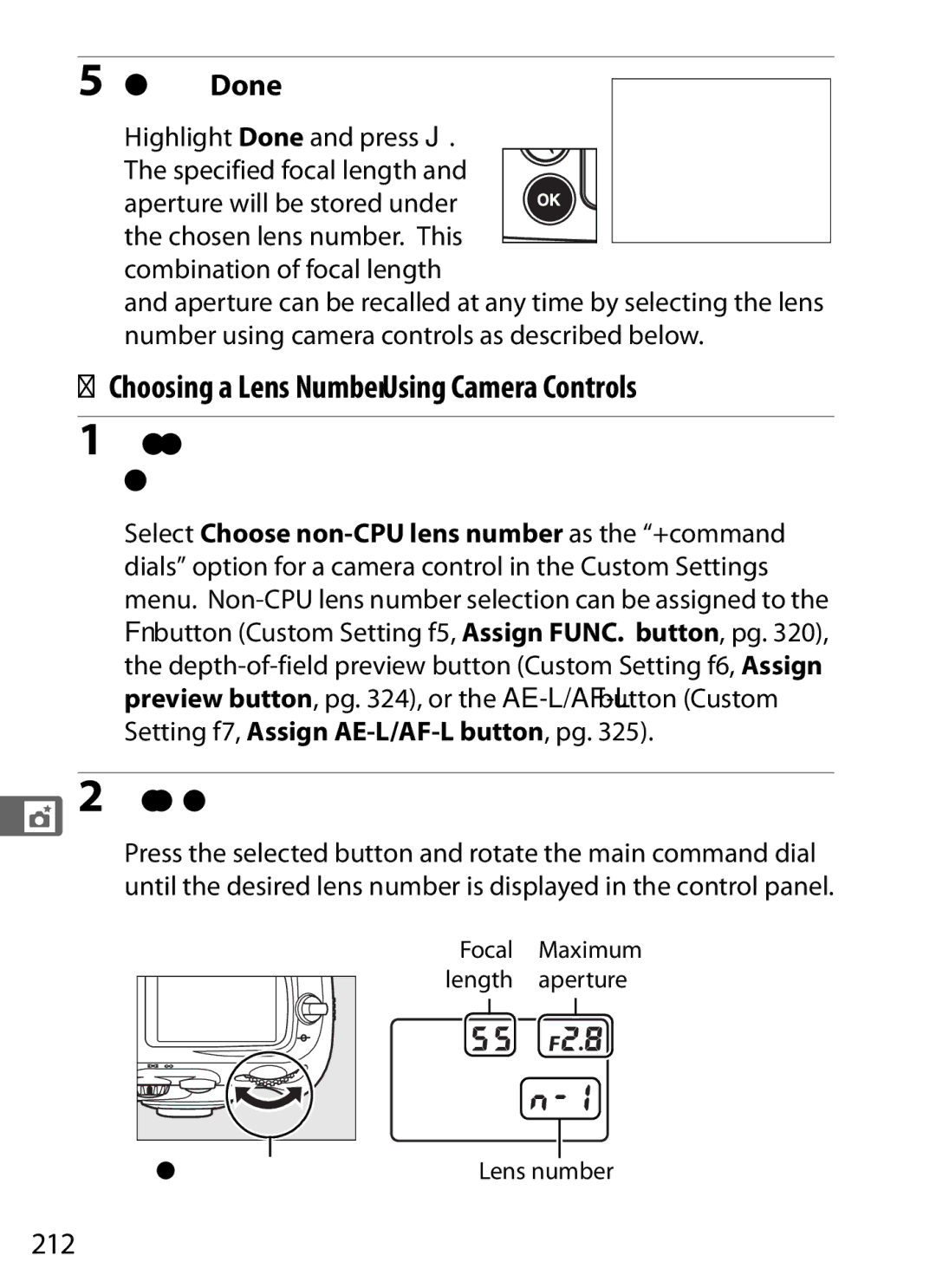 Nikon D7000BODY Choosing a Lens Number Using Camera Controls, Assign non-CPU lens number selection to a camera control 