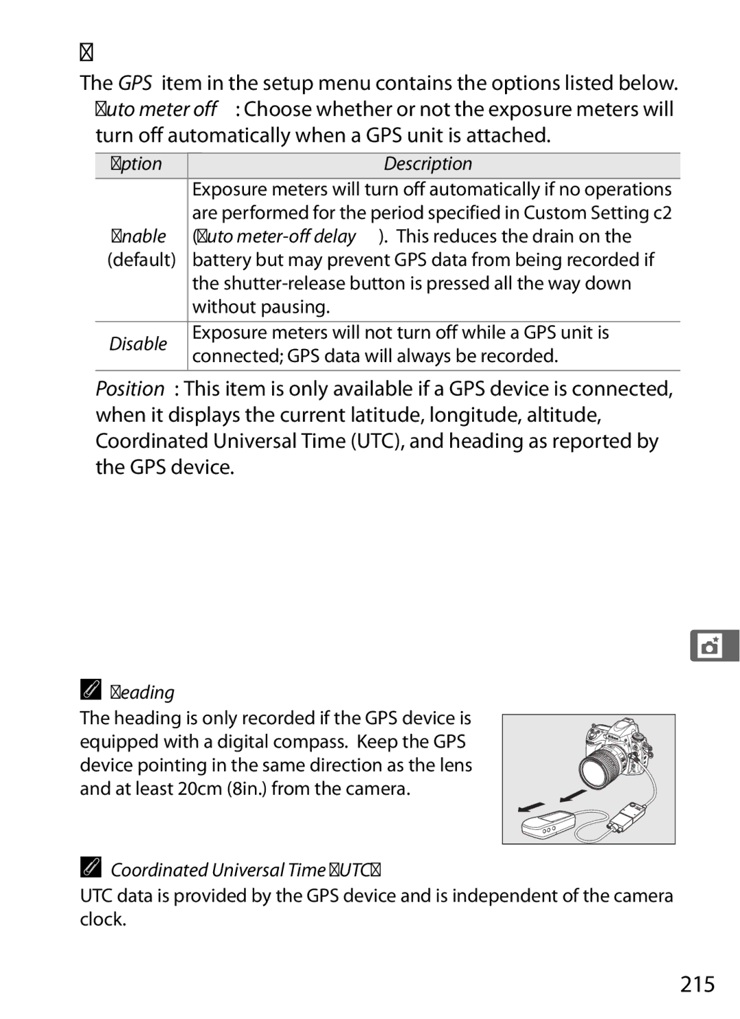 Nikon D700BODY, D700OUTFIT, D7000BODY, D7000KIT user manual Setup Menu Options, 215, Heading, Coordinated Universal Time UTC 