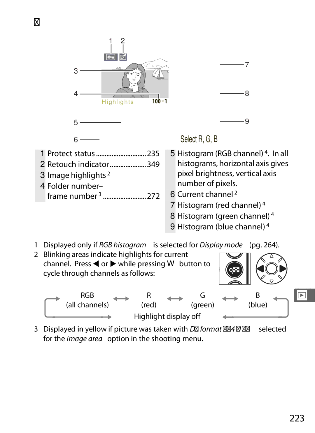 Nikon D700BODY, D700OUTFIT, D7000BODY, D7000KIT user manual RGB Histogram, 223, Image highlights Folder number, 235, 349 