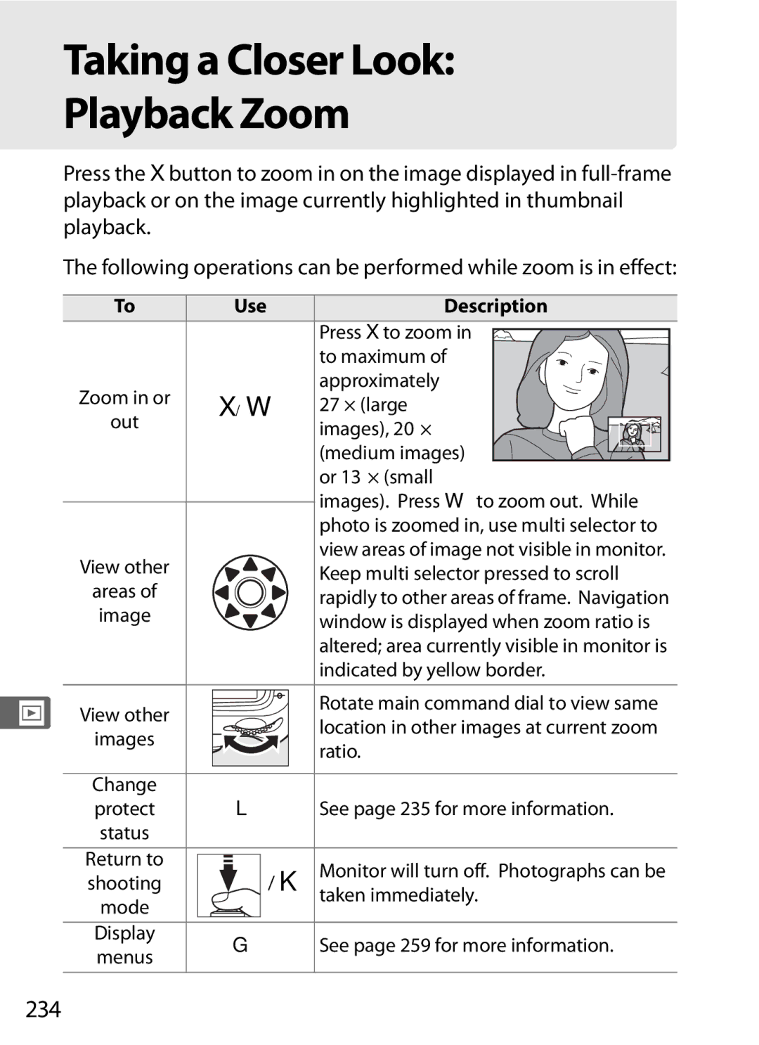 Nikon D700OUTFIT, D700BODY, D7000BODY, D7000KIT user manual Taking a Closer Look Playback Zoom, 234 