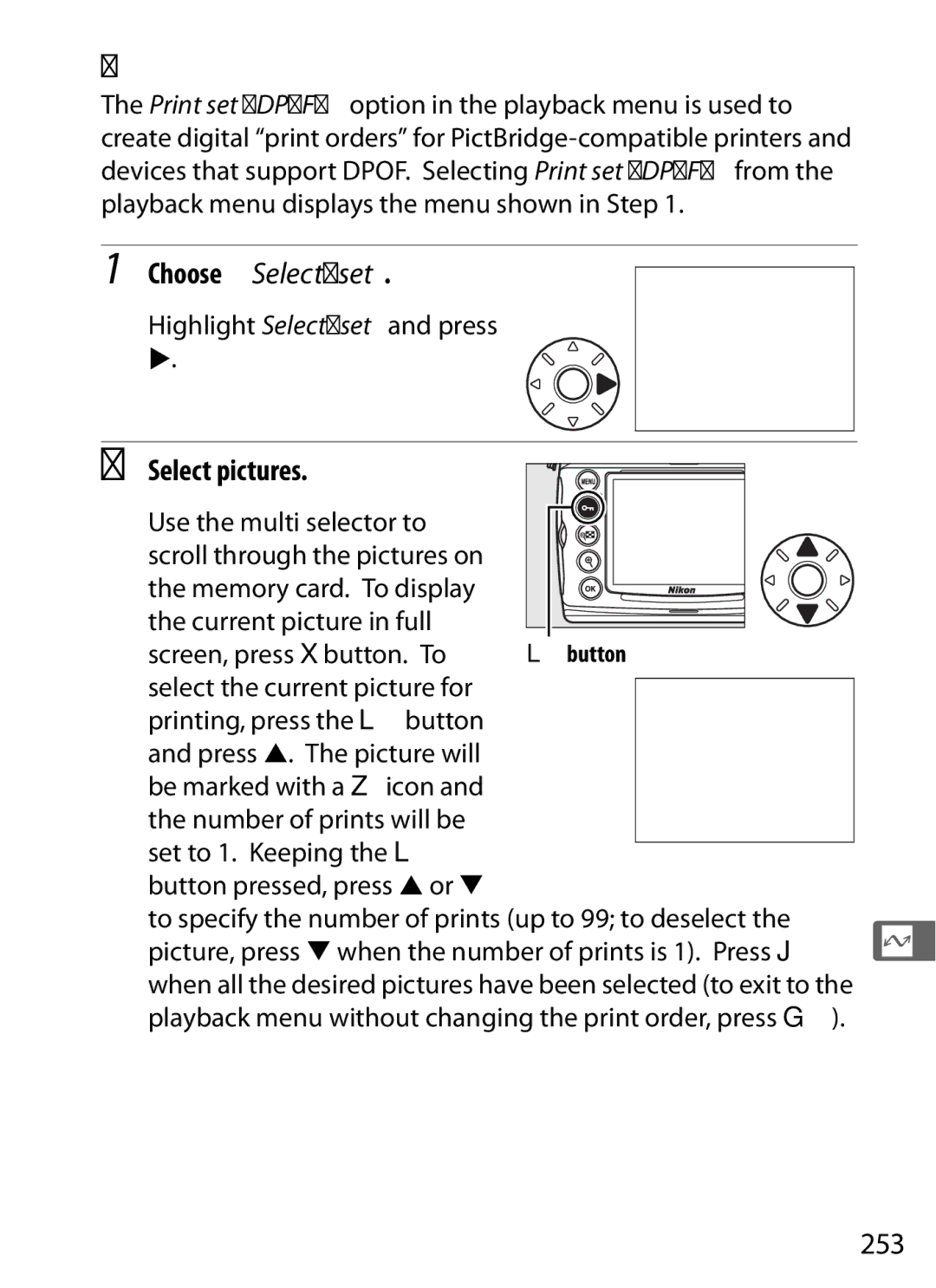 Nikon D7000KIT, D700OUTFIT, D700BODY, D7000BODY user manual Creating a Dpof Print Order Print Set, Choose Select/set, 253 