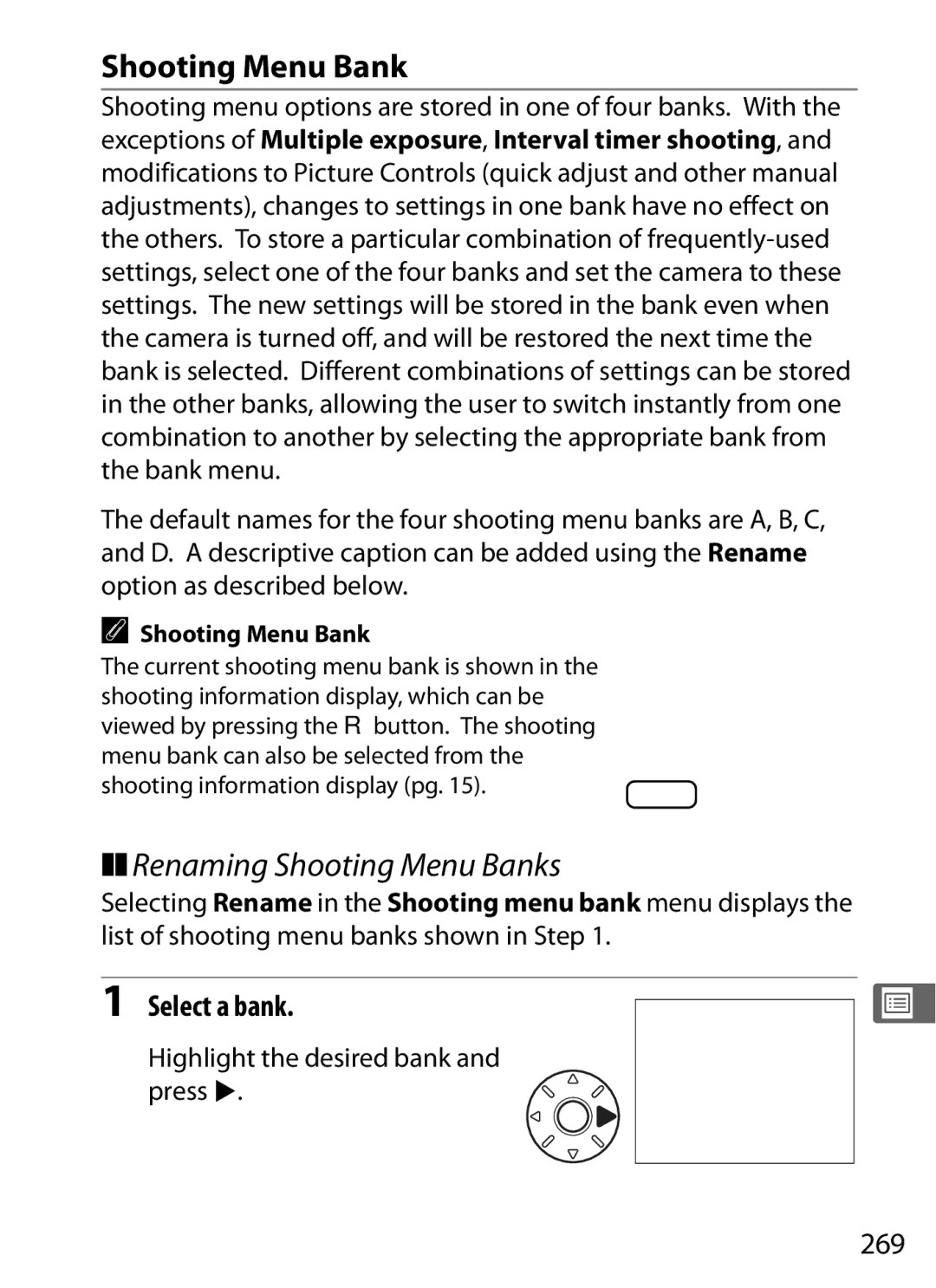 Nikon D7000KIT, D700OUTFIT, D700BODY, D7000BODY user manual Renaming Shooting Menu Banks, Select a bank, 269 