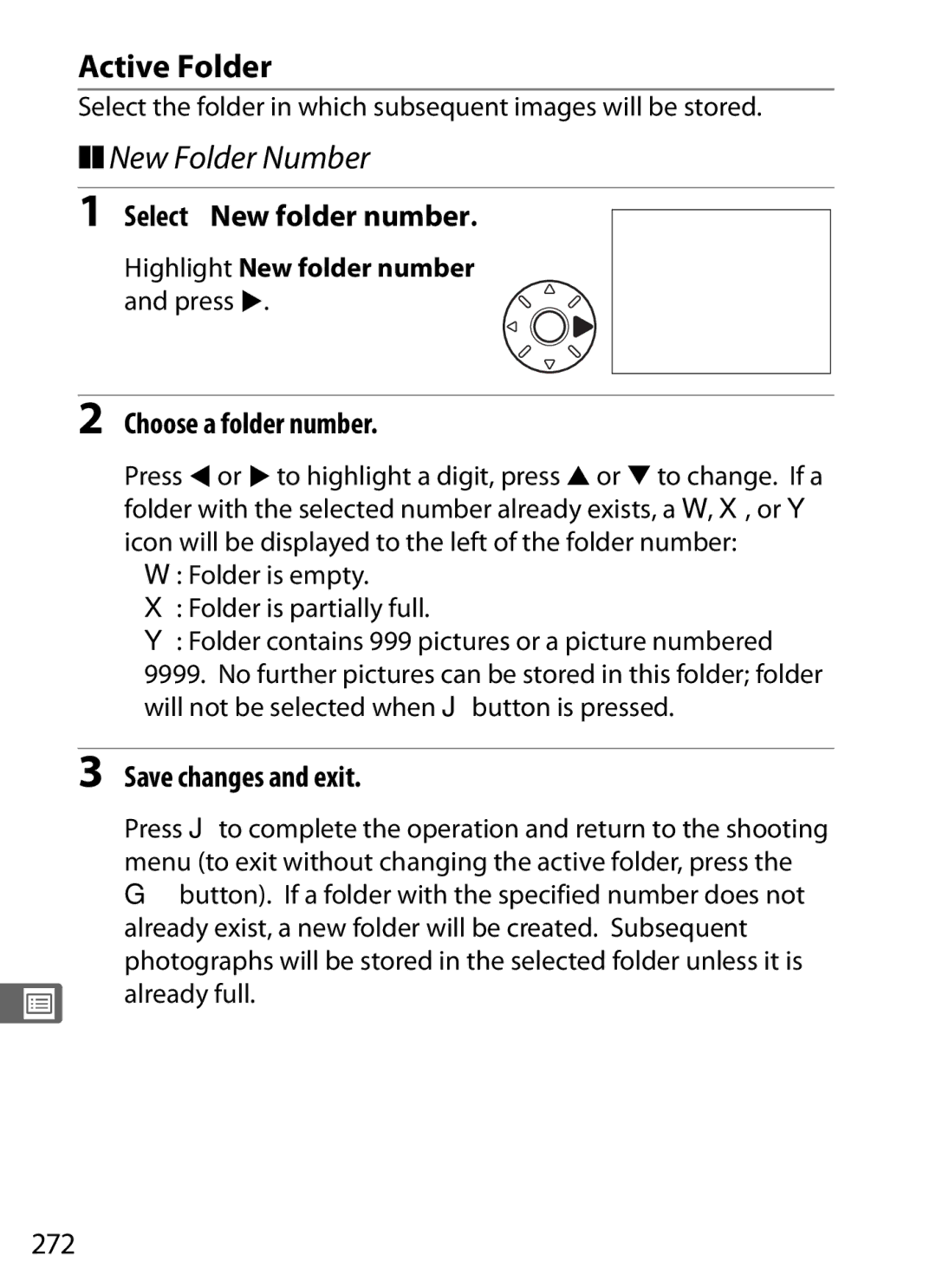 Nikon D7000BODY, D700OUTFIT Active Folder, New Folder Number, Select New folder number, Choose a folder number, 272 