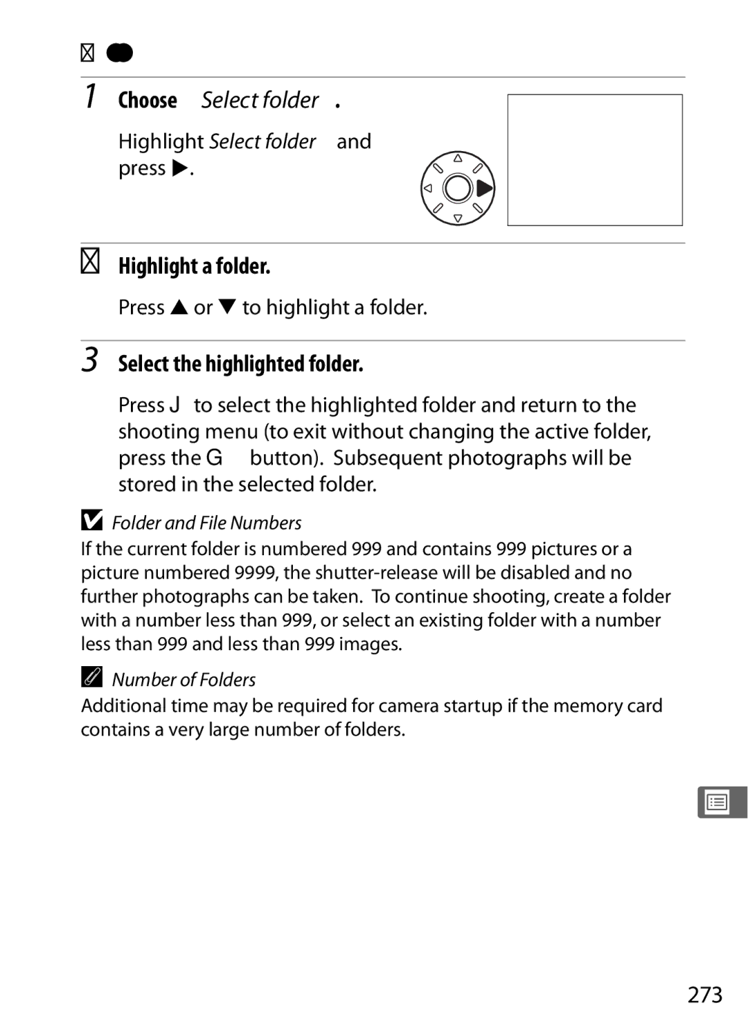 Nikon D7000KIT, D700OUTFIT Select Folder, Choose Select folder, Highlight a folder, Select the highlighted folder, 273 