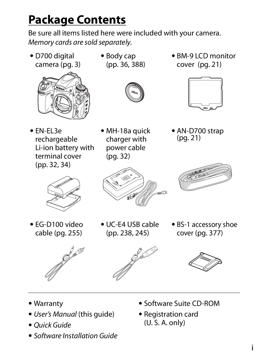 Nikon D7000KIT, D700OUTFIT, D700BODY, D7000BODY user manual Package Contents 