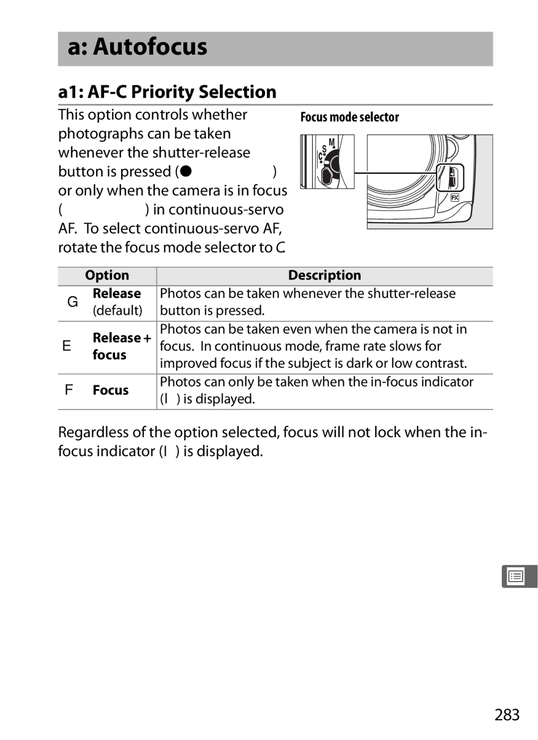 Nikon D700BODY, D700OUTFIT, D7000BODY Autofocus, A1 AF-C Priority Selection, 283, This option controls whether, Release + 