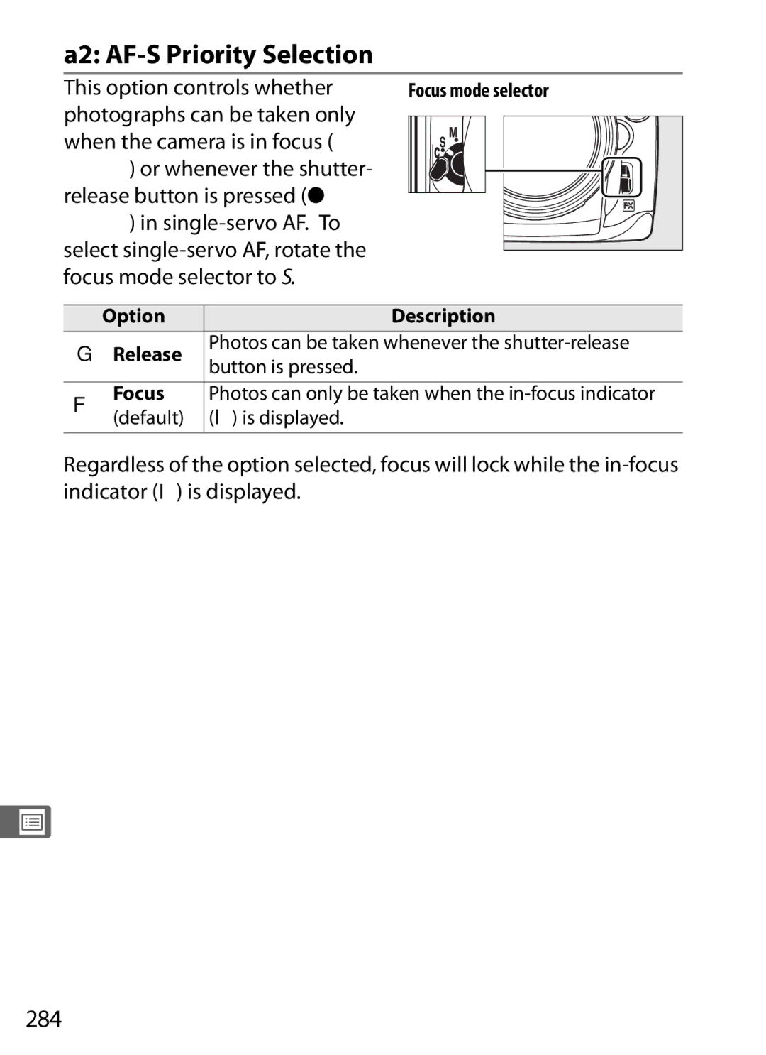 Nikon D7000BODY, D700OUTFIT A2 AF-S Priority Selection, 284, Select single-servo AF, rotate the focus mode selector to S 