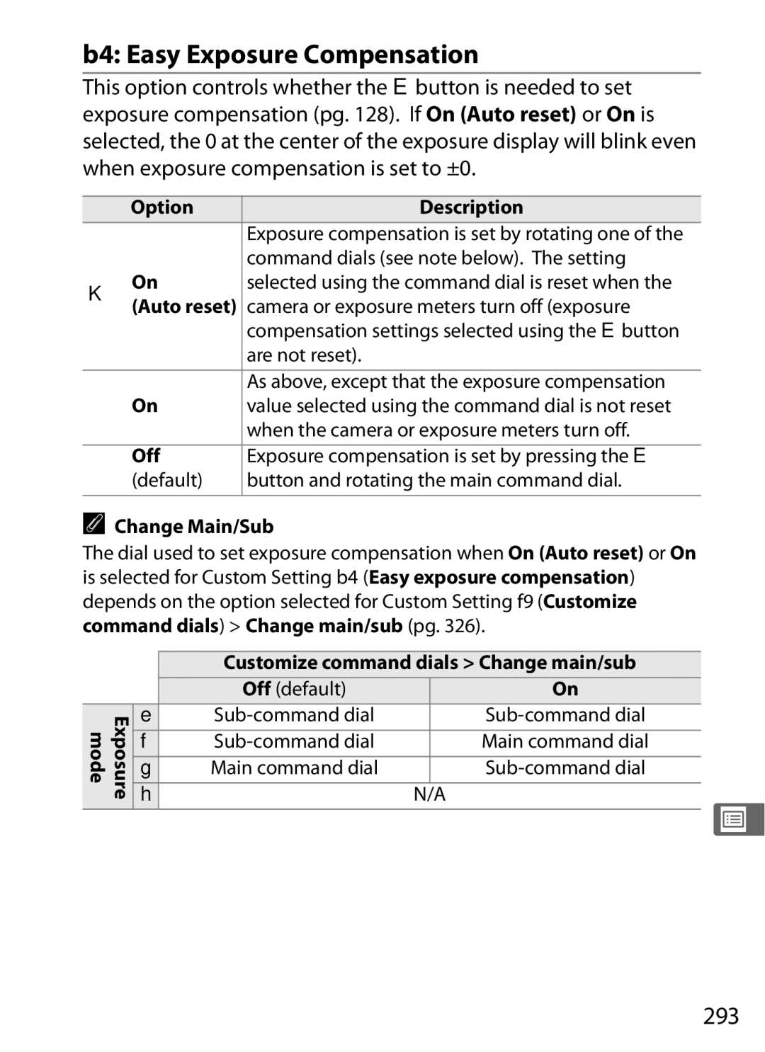 Nikon D7000KIT, D700OUTFIT, D700BODY, D7000BODY user manual B4 Easy Exposure Compensation, 293, Change Main/Sub 