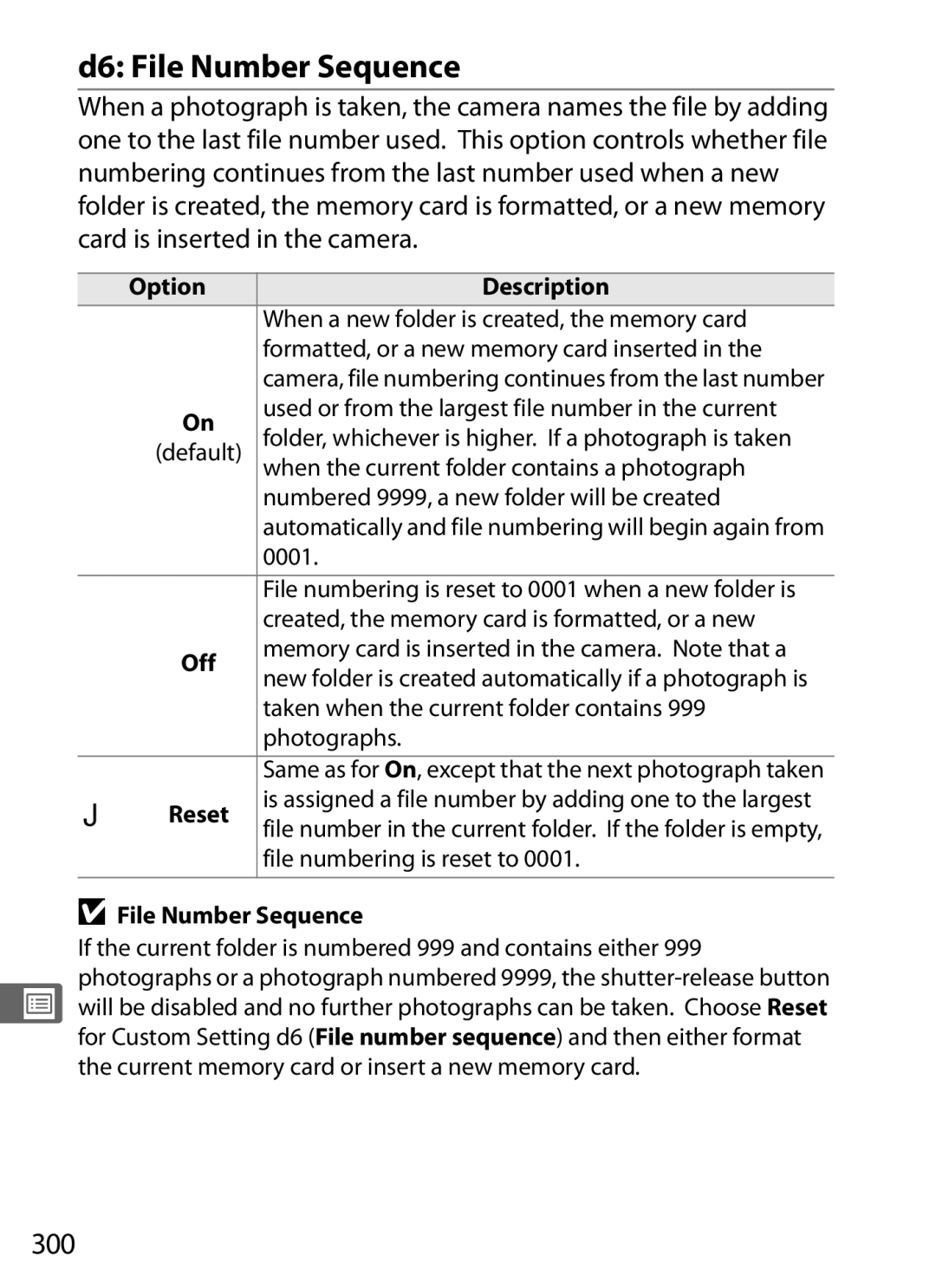 Nikon D7000BODY, D700OUTFIT, D700BODY, D7000KIT user manual D6 File Number Sequence, 300, Reset 