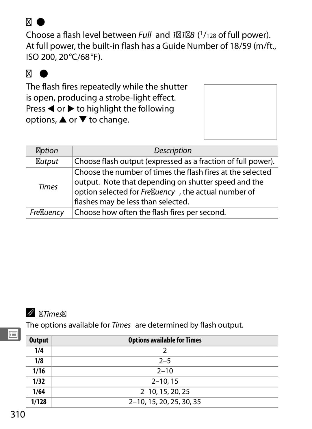 Nikon D700OUTFIT, D700BODY, D7000BODY, D7000KIT user manual Manual, Repeating Flash, 310, Option Description Output, Times 