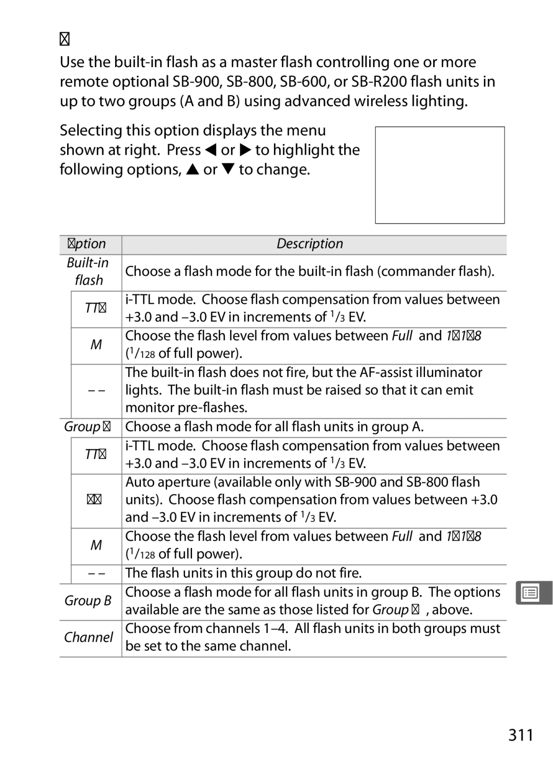 Nikon D700BODY, D700OUTFIT, D7000BODY, D7000KIT user manual Commander Mode, 311, Option Description Built-in, Group B, Channel 