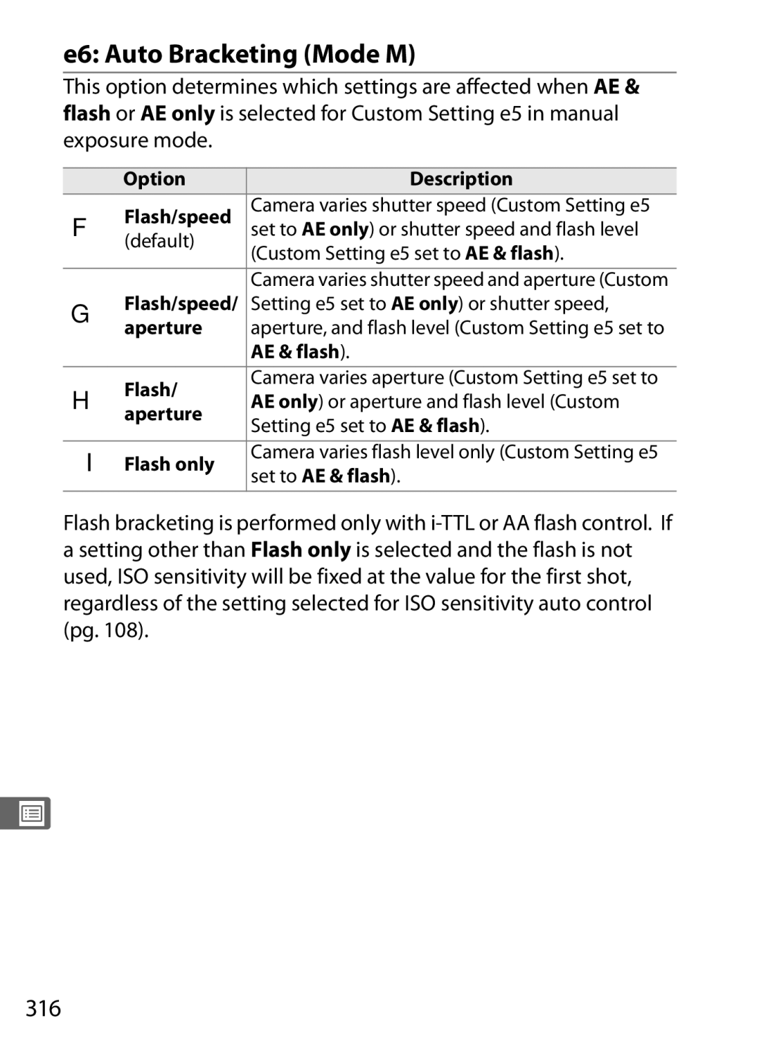 Nikon D7000BODY, D700OUTFIT, D700BODY, D7000KIT user manual E6 Auto Bracketing Mode M, 316, Exposure mode 