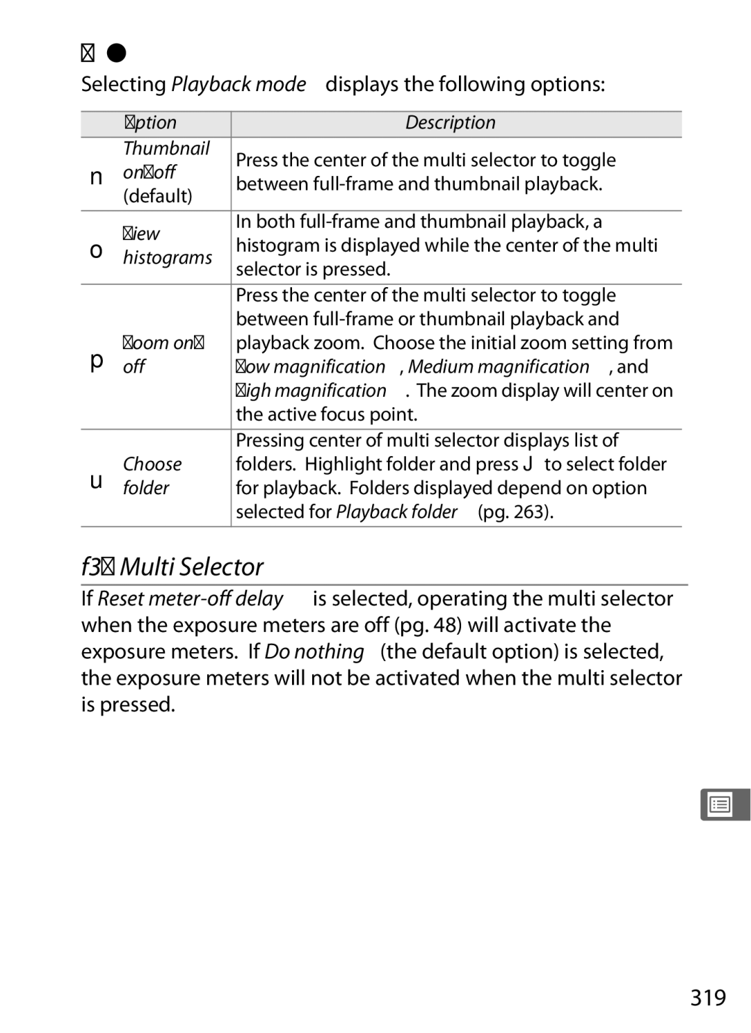 Nikon D700BODY, D700OUTFIT Playback Mode, F3 Multi Selector, 319, Selecting Playback mode displays the following options 