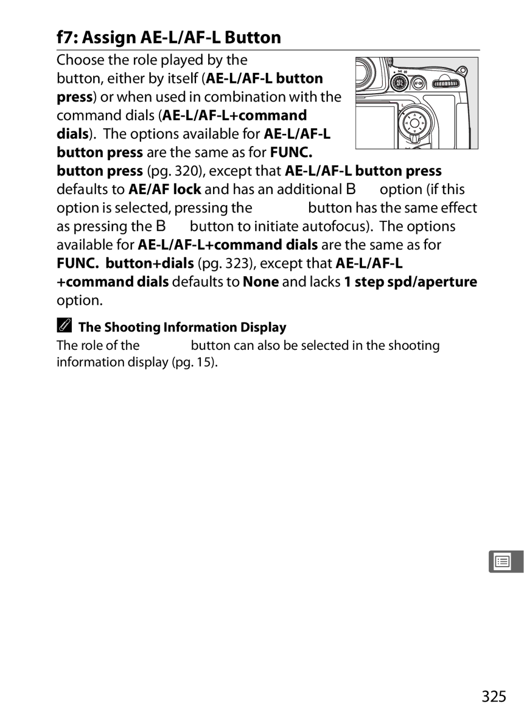 Nikon D7000KIT, D700OUTFIT, D700BODY, D7000BODY user manual F7 Assign AE-L/AF-L Button, 325, Option 