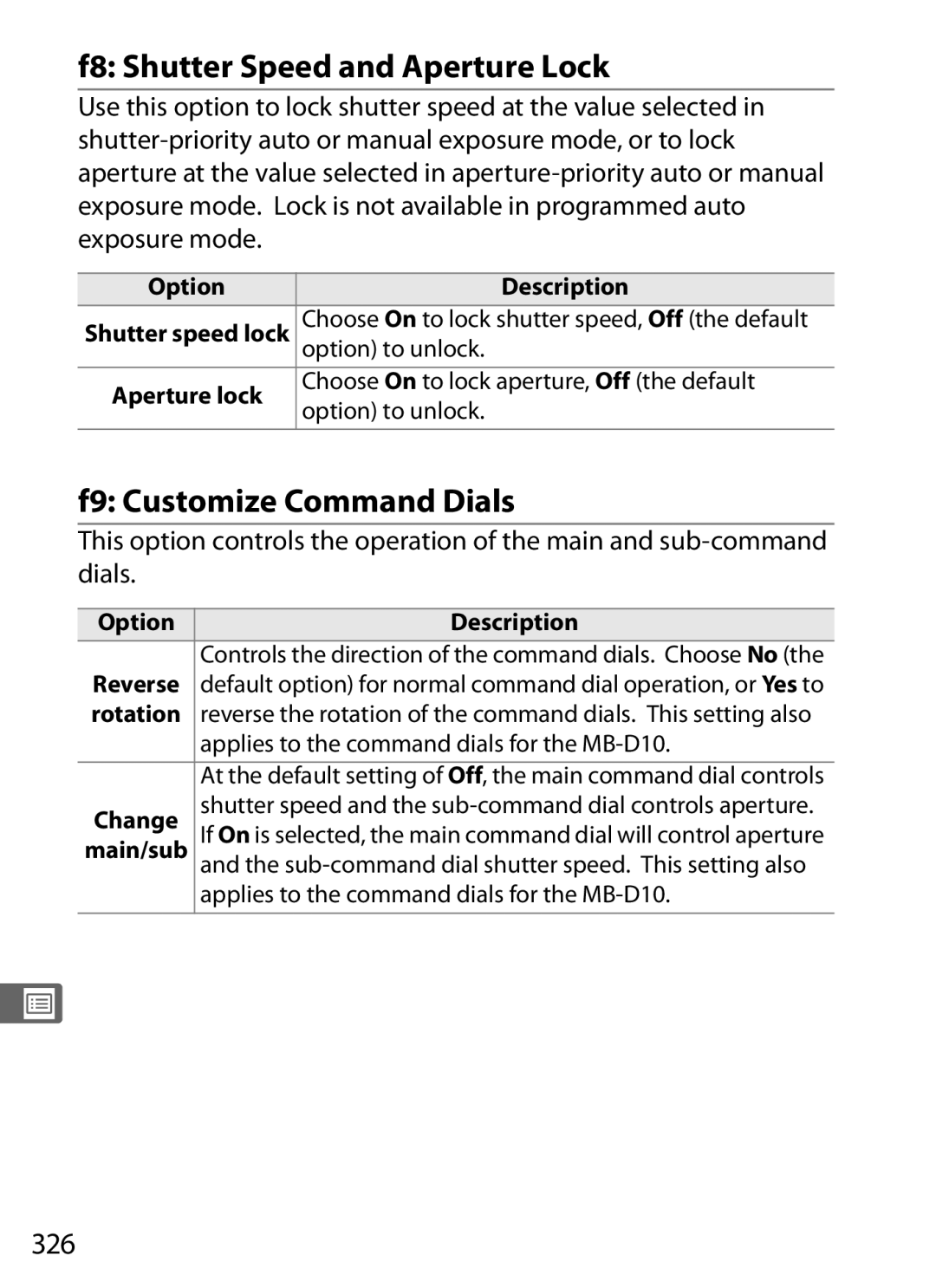 Nikon D700OUTFIT, D700BODY, D7000BODY F8 Shutter Speed and Aperture Lock, F9 Customize Command Dials, 326, Rotation 